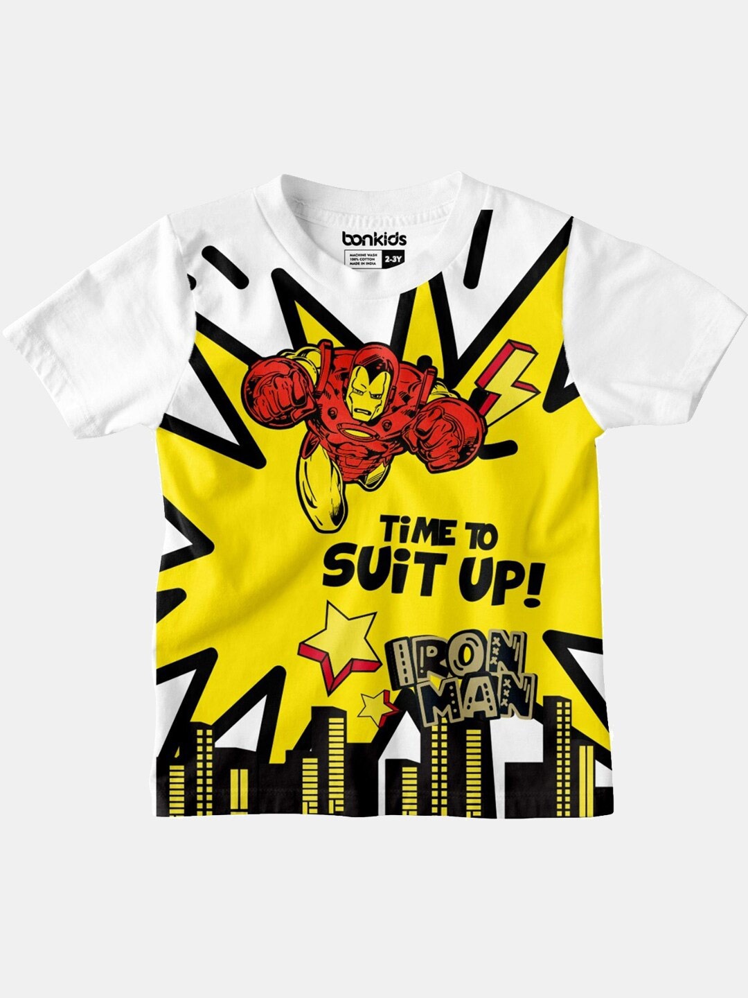 

BONKIDS Boys White & Yellow Iron Man Printed T-shirt