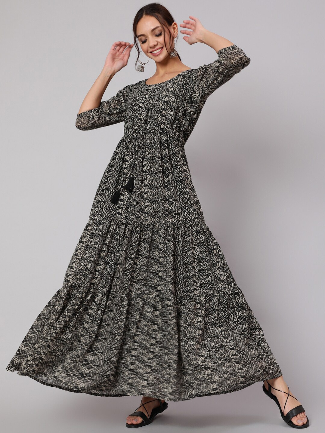 

Nayo Women Black Printed Georgette Maxi Dress