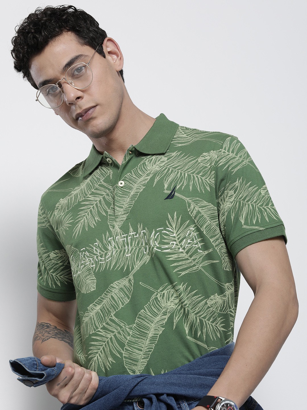 

Nautica Men Green & White Tropical Printed Polo Collar Pure Cotton T-shirt