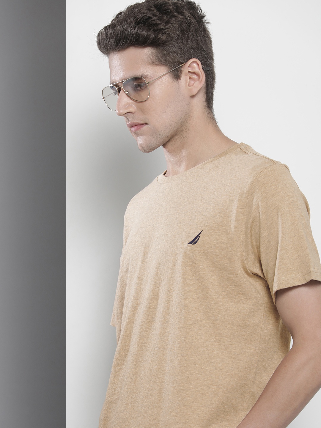

Nautica Men Beige Solid Pure Cotton Slim Fit T-shirt