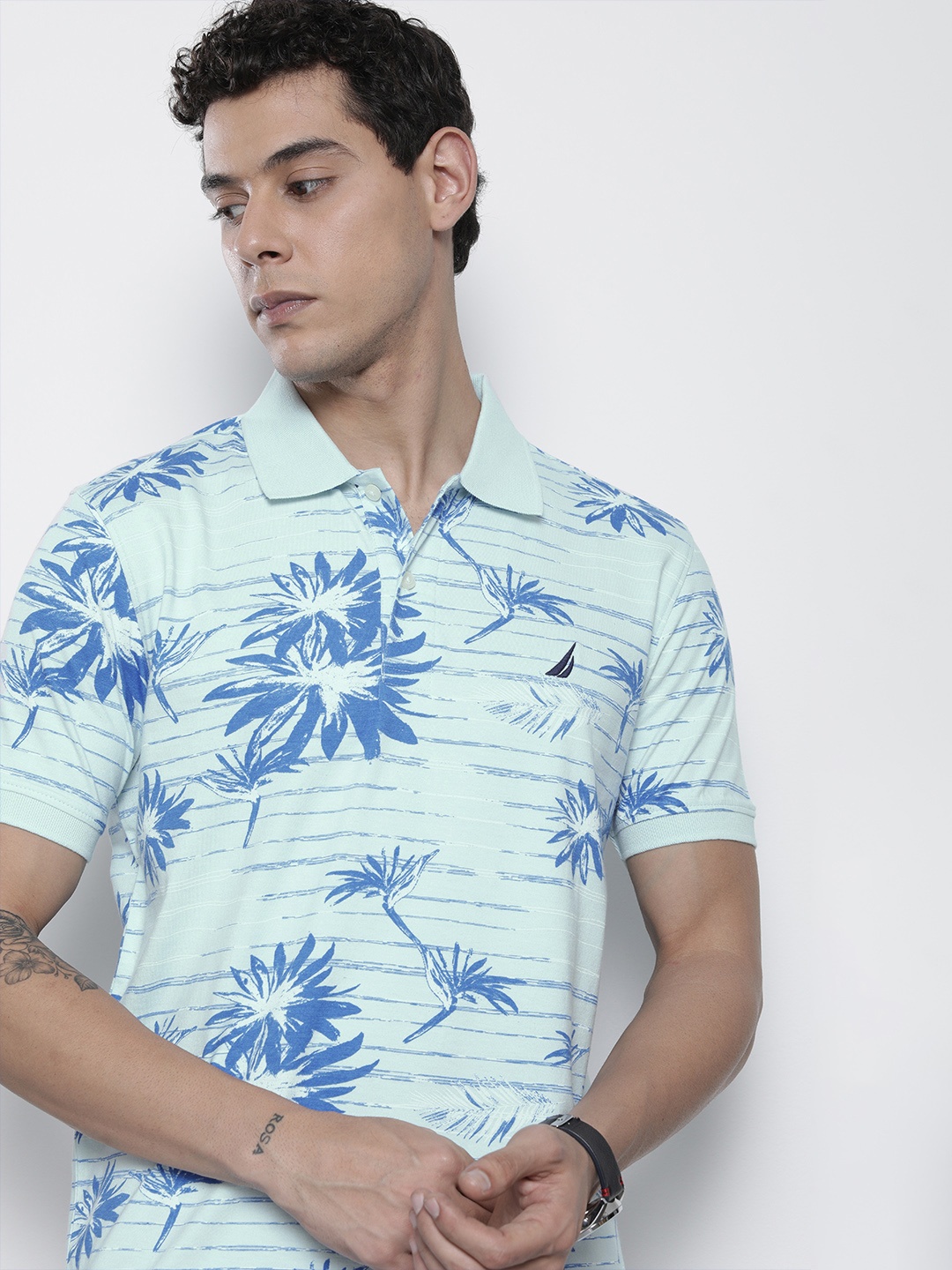 

Nautica Men Blue Tropical Printed Polo Collar Pure Cotton T-shirt