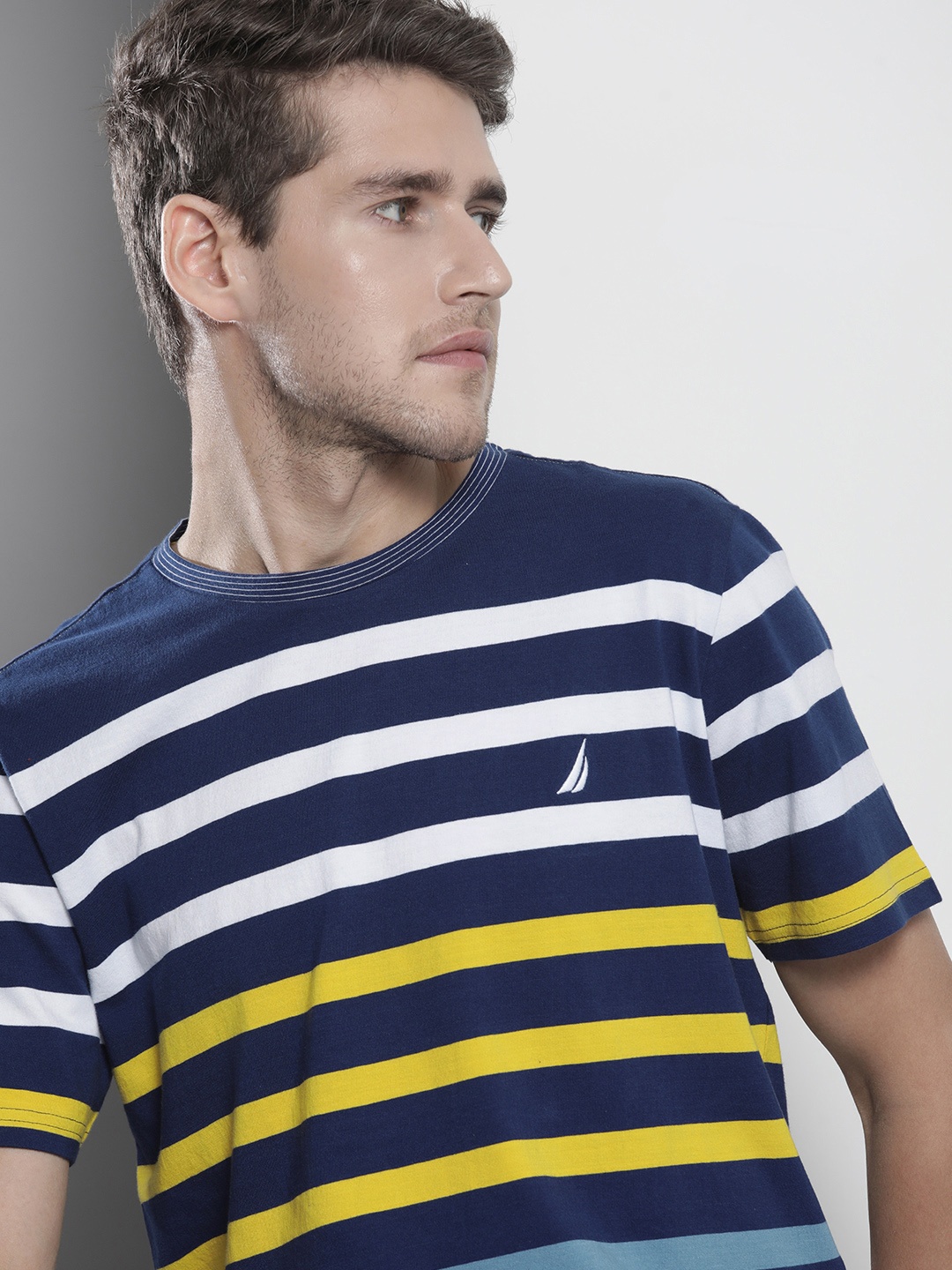 

Nautica Men Blue Striped Pure Cotton T-shirt