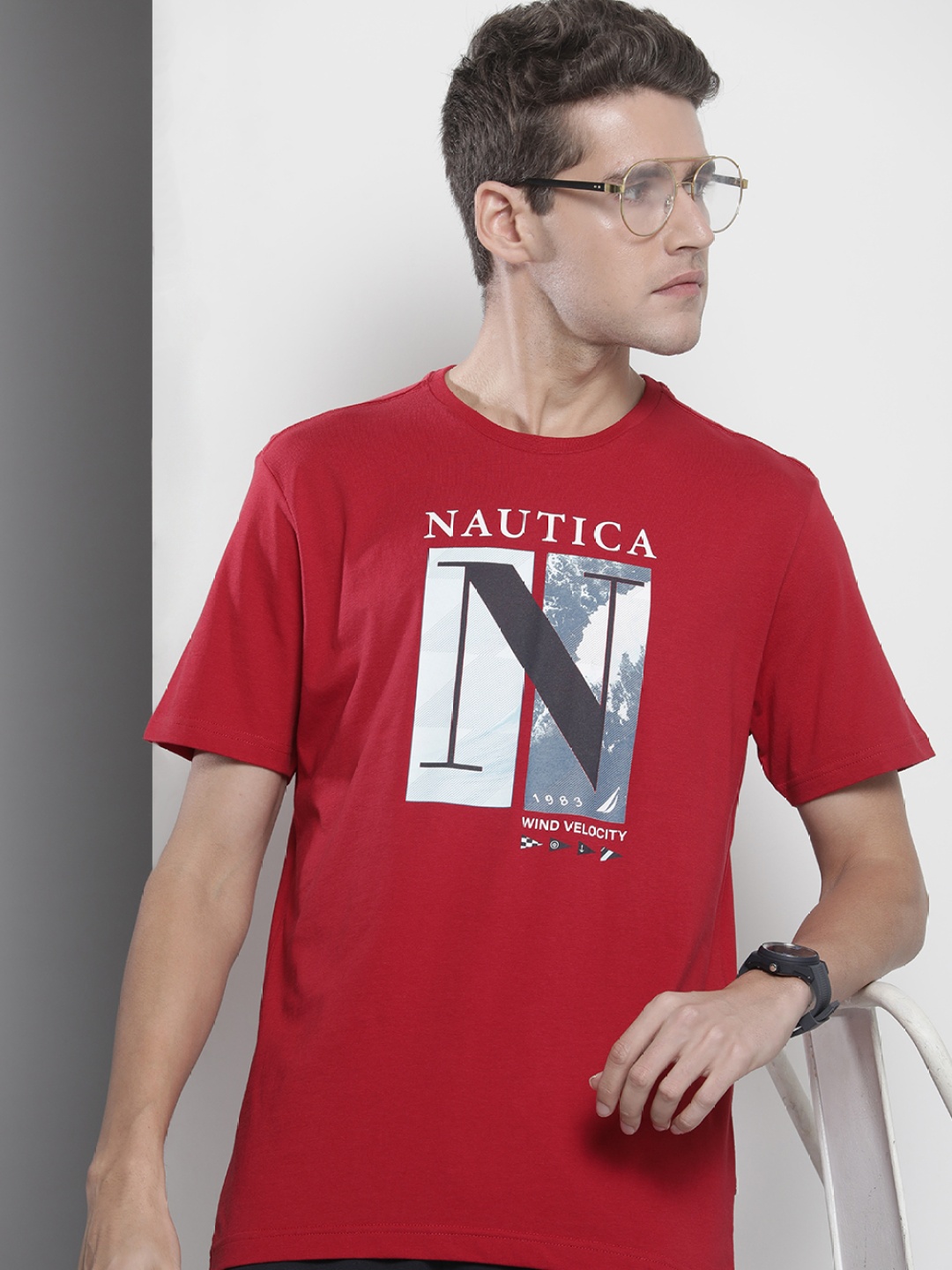 

Nautica Men Red Brand Logo Printed Pure Cotton T-shirt