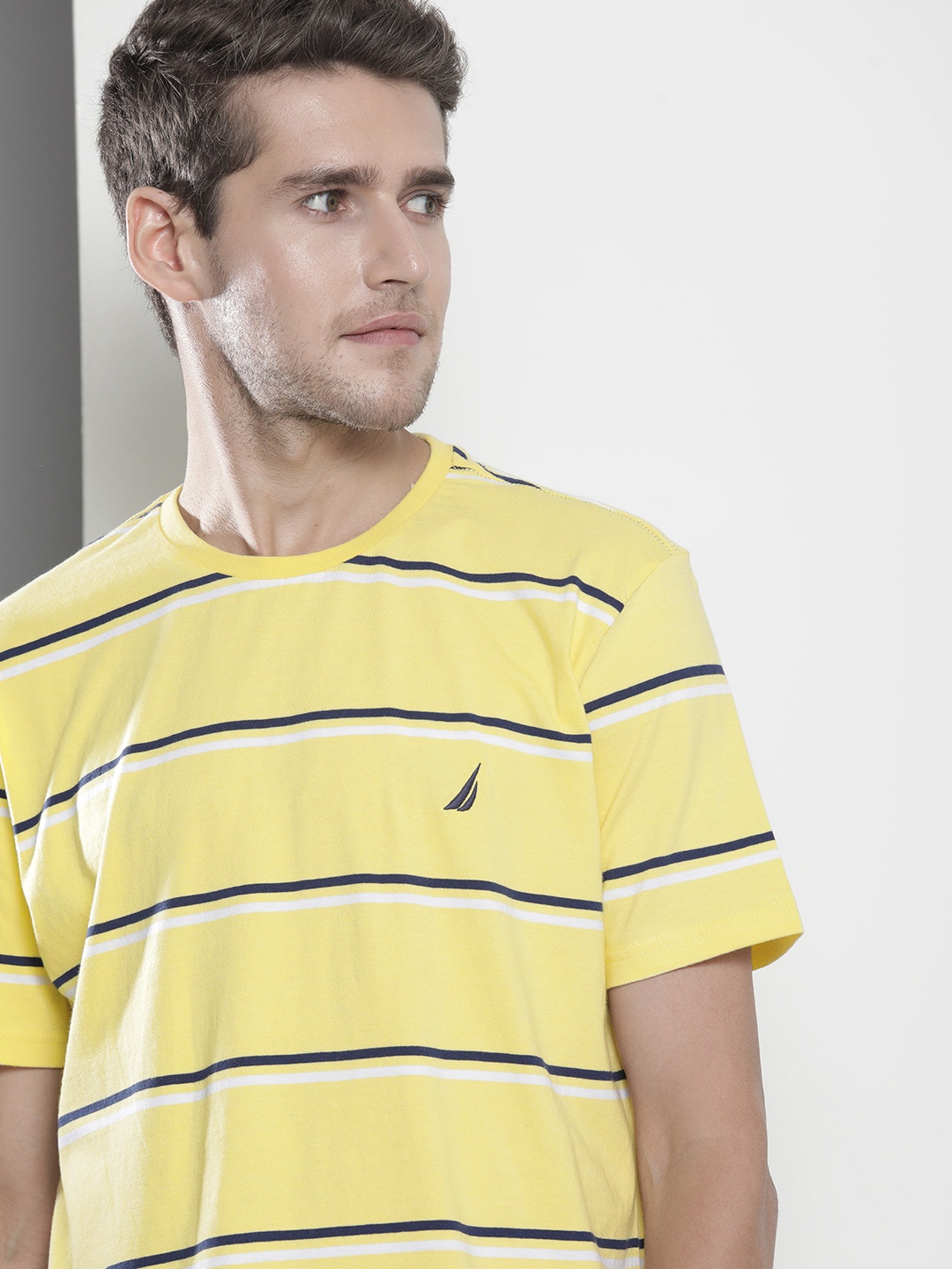 

Nautica Men Yellow Striped Pure Cotton T-shirt