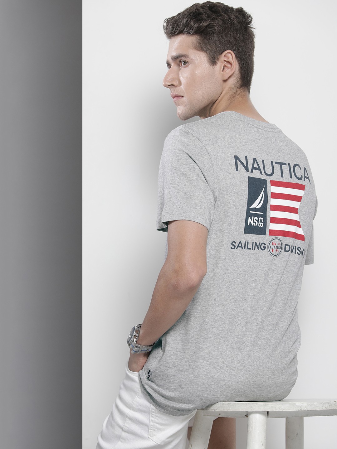 

Nautica Men Grey Brand Logo Printed Pure Cotton T-shirt