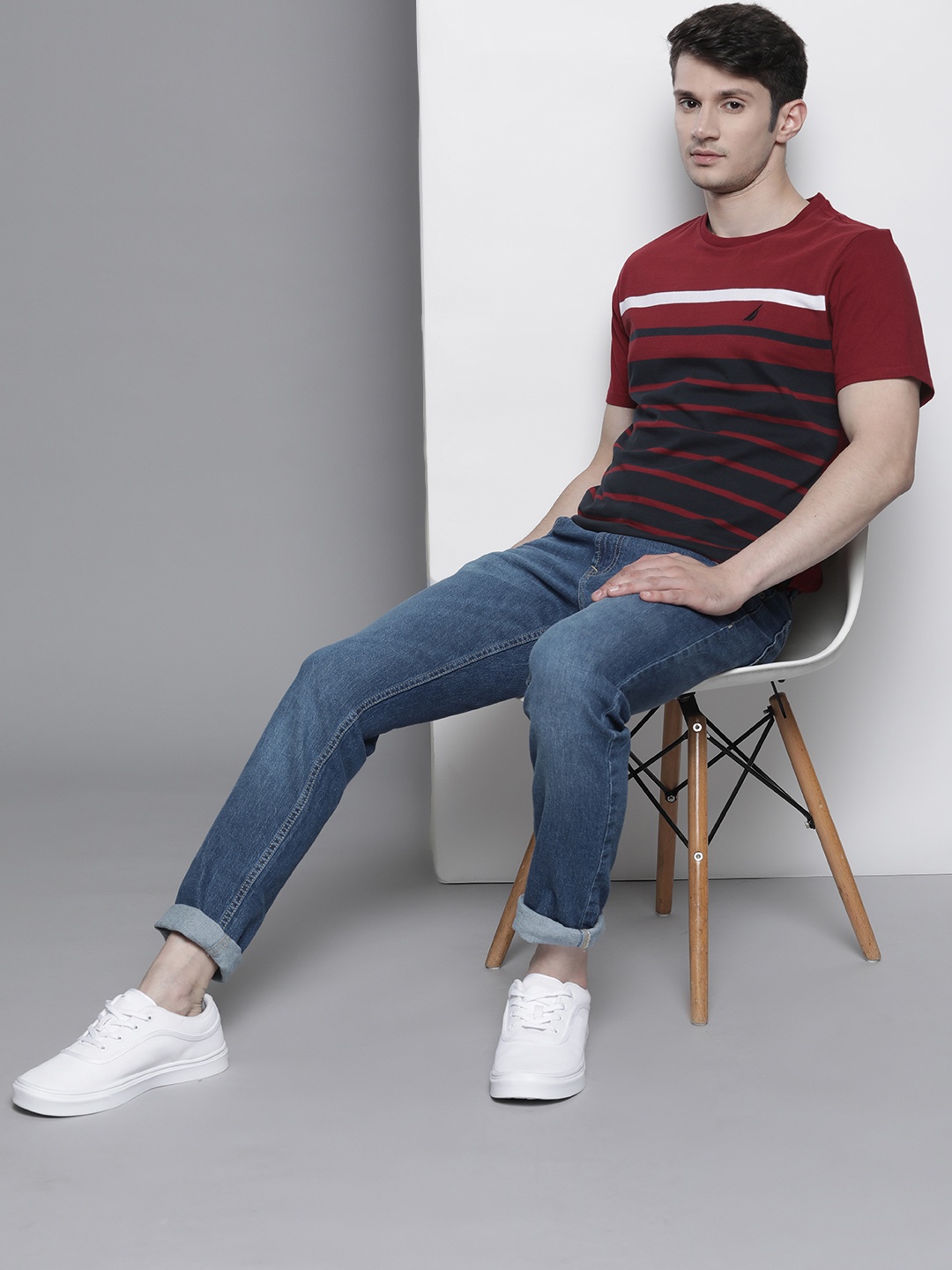 

Nautica Men Striped Pure Cotton T-shirt, Maroon