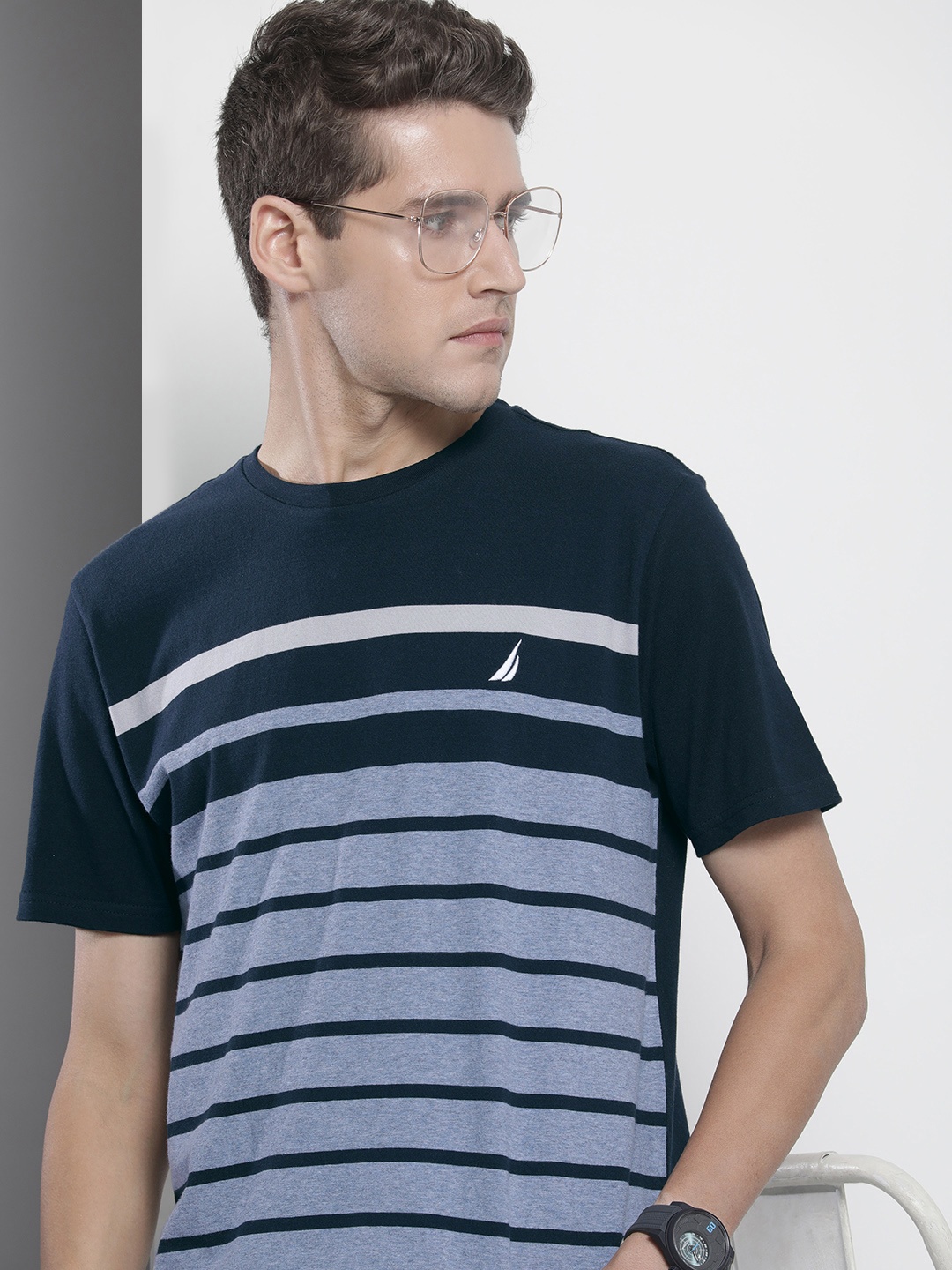 

Nautica Men Navy Blue Striped Pure Cotton T-shirt