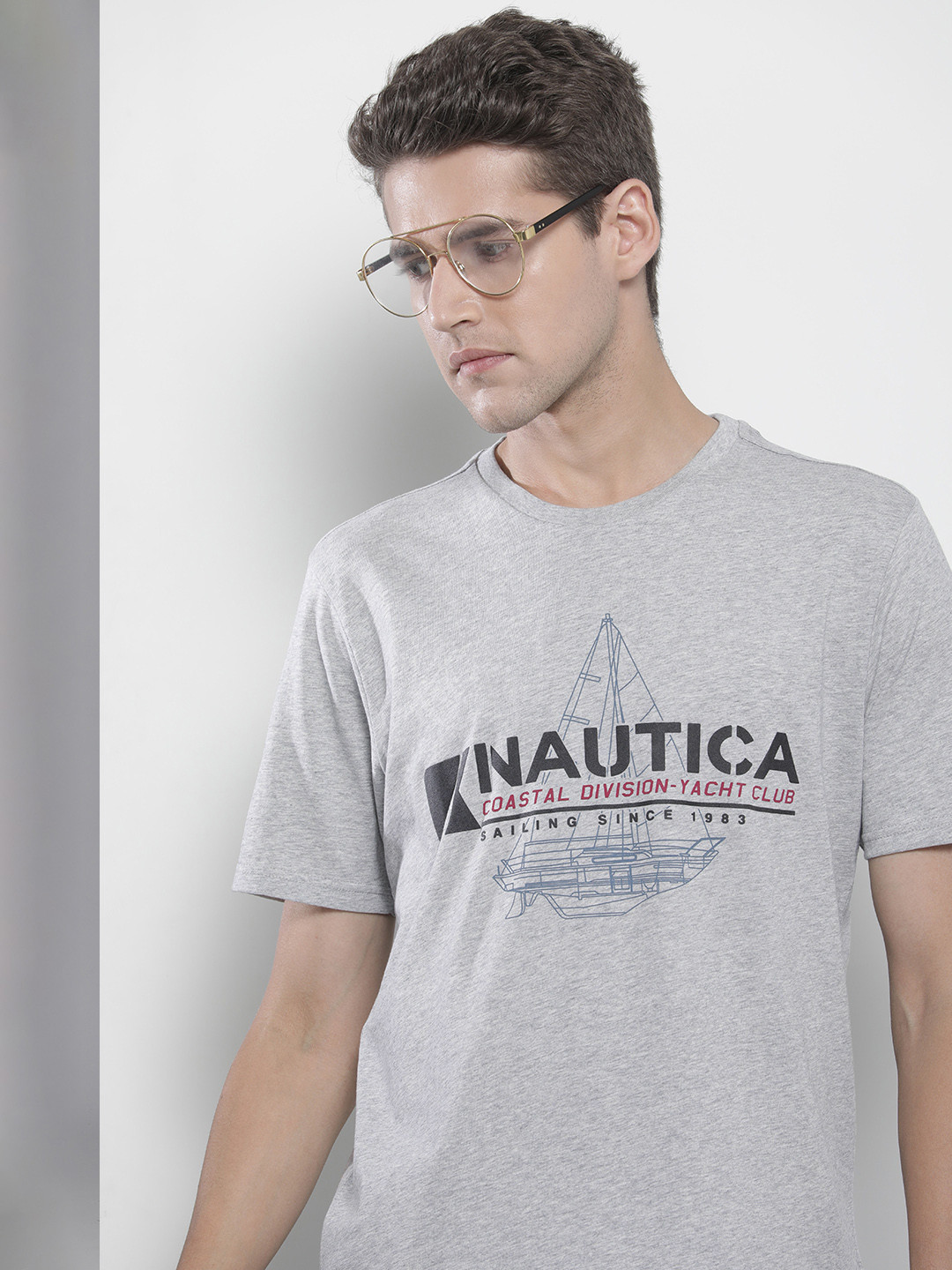 

Nautica Men Grey Brand Logo Printed Pure Cotton T-shirt