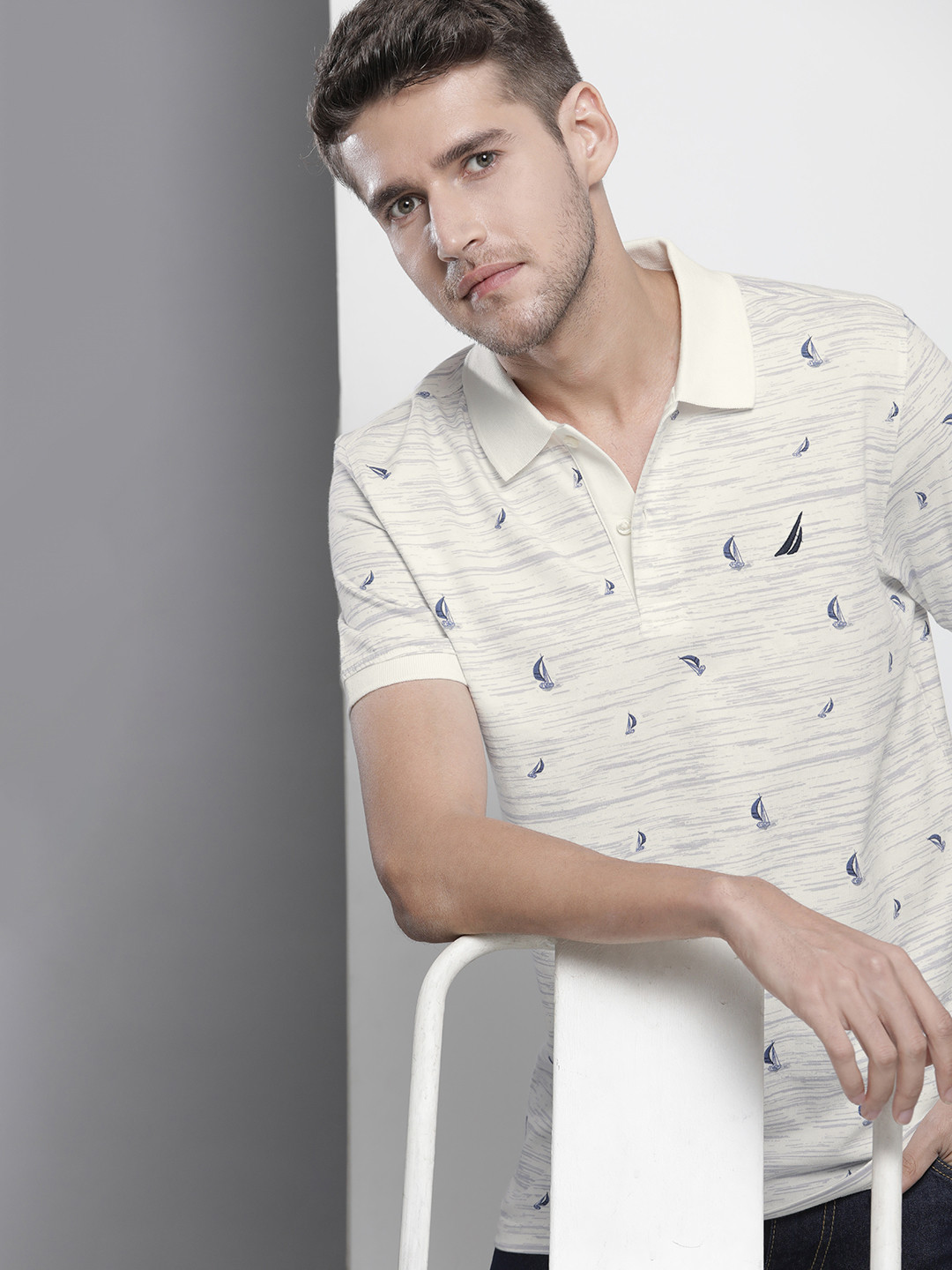 

Nautica Men White & Blue Printed Pure Cotton Polo T-shirt