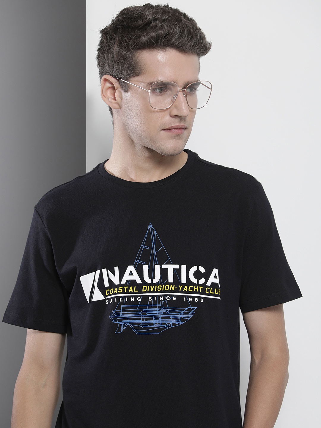 

Nautica Men Black Brand Logo Printed Pure Cotton T-shirt