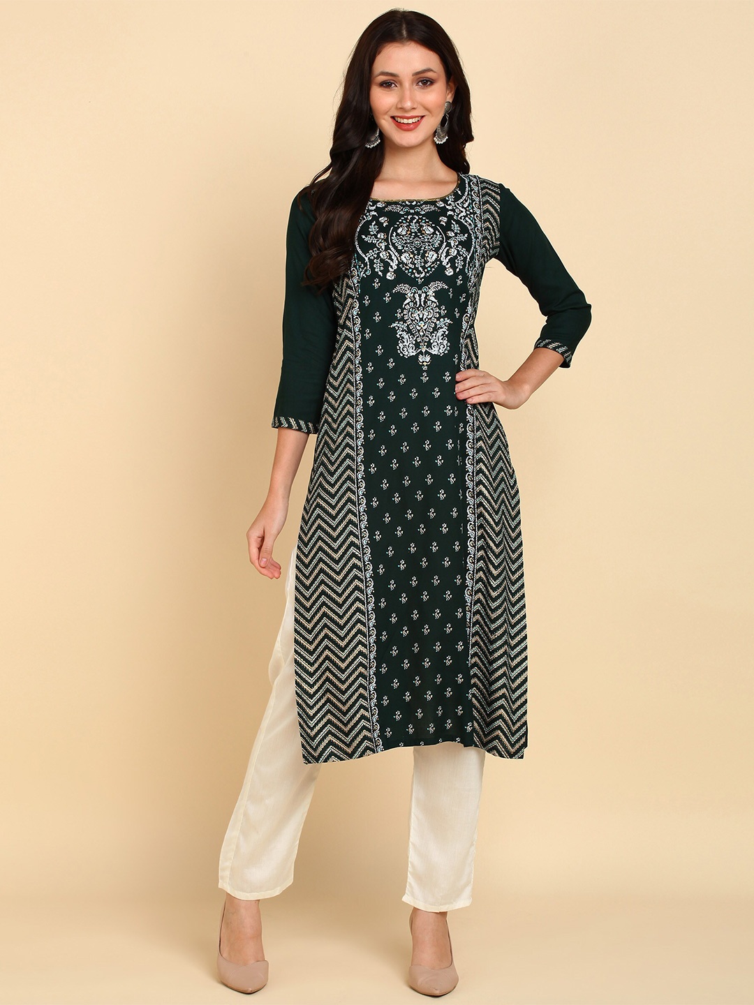 

Bani Women Green Ethnic Motifs Printed Liva Kurta