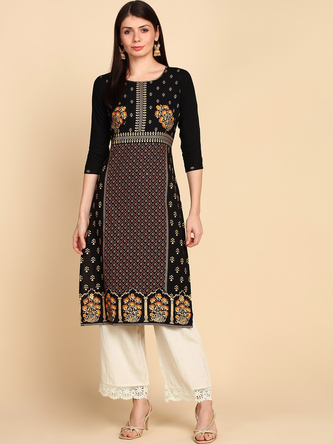 

Bani Women Black & Orange Ethnic Motifs Printed Liva Kurta