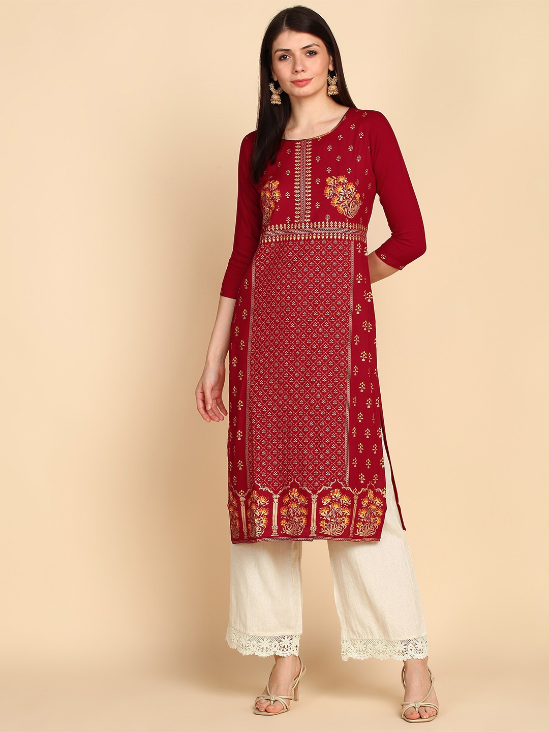 

Bani Women Maroon Ethnic Motifs Printed Liva Kurta