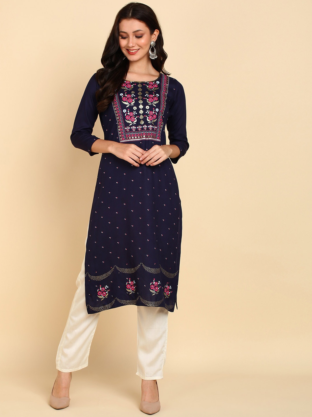 

Bani Women Green Floral Printed Liva Kurta