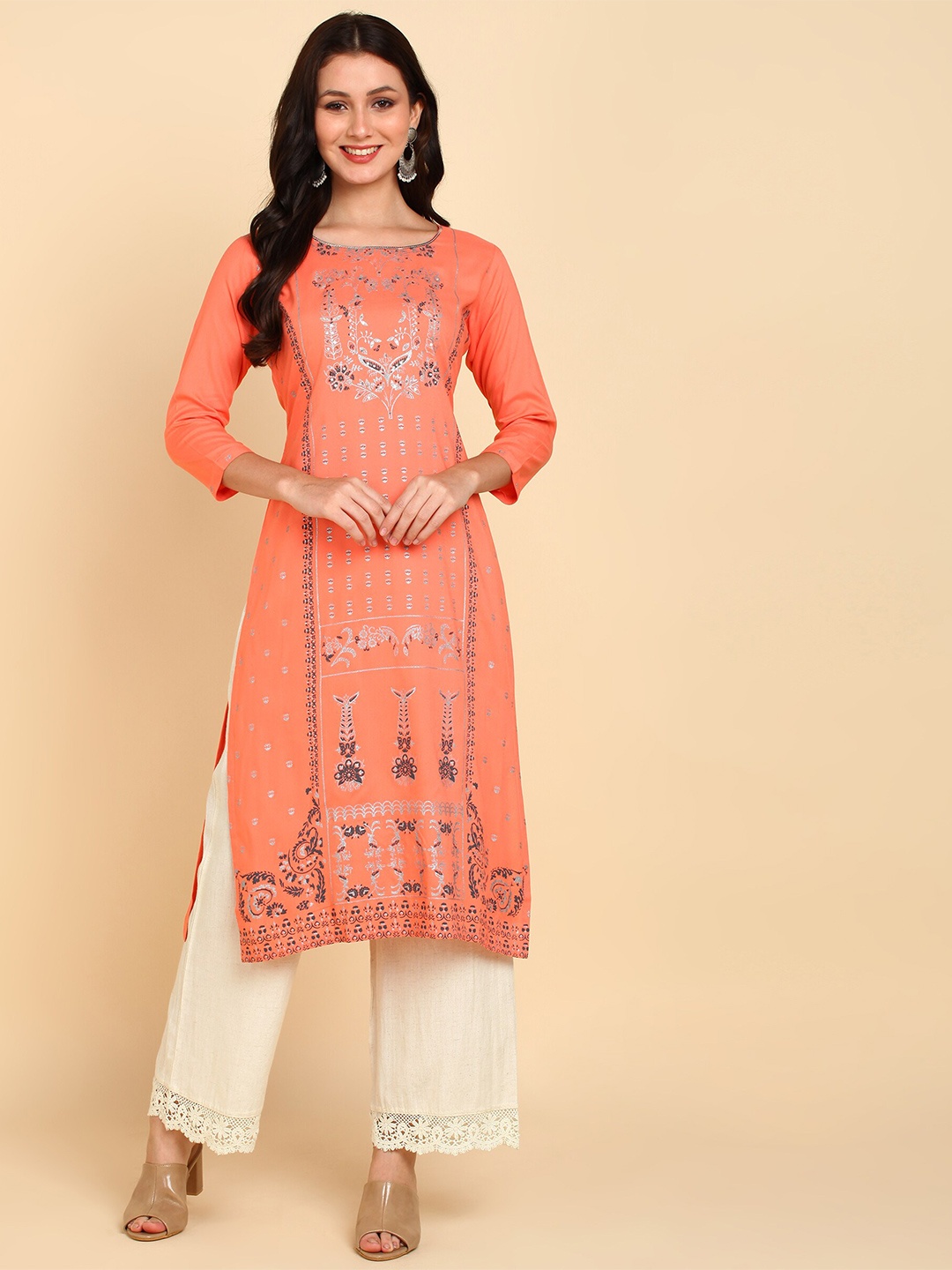 

Bani Women Peach-Coloured Floral Printed Liva Kurta