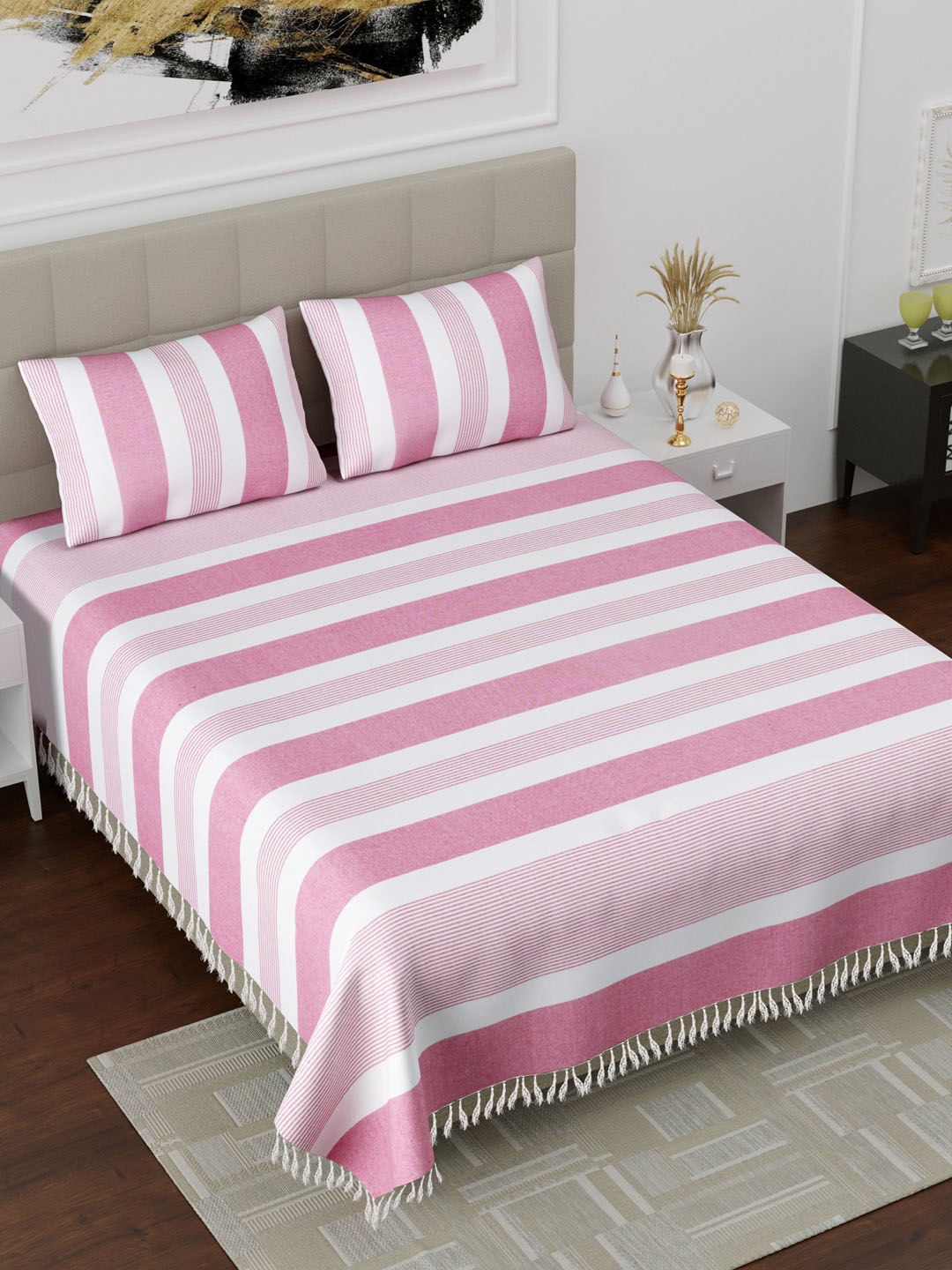 

Varde Pink & White Striped 180 TC King Bedsheet with 2 Pillow Covers