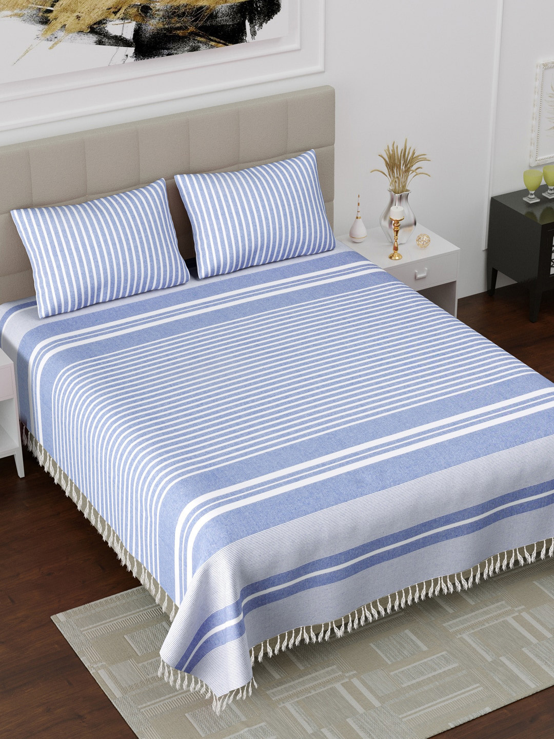 

Varde Blue & White Striped 180 TC King Bedsheet with 2 Pillow Covers
