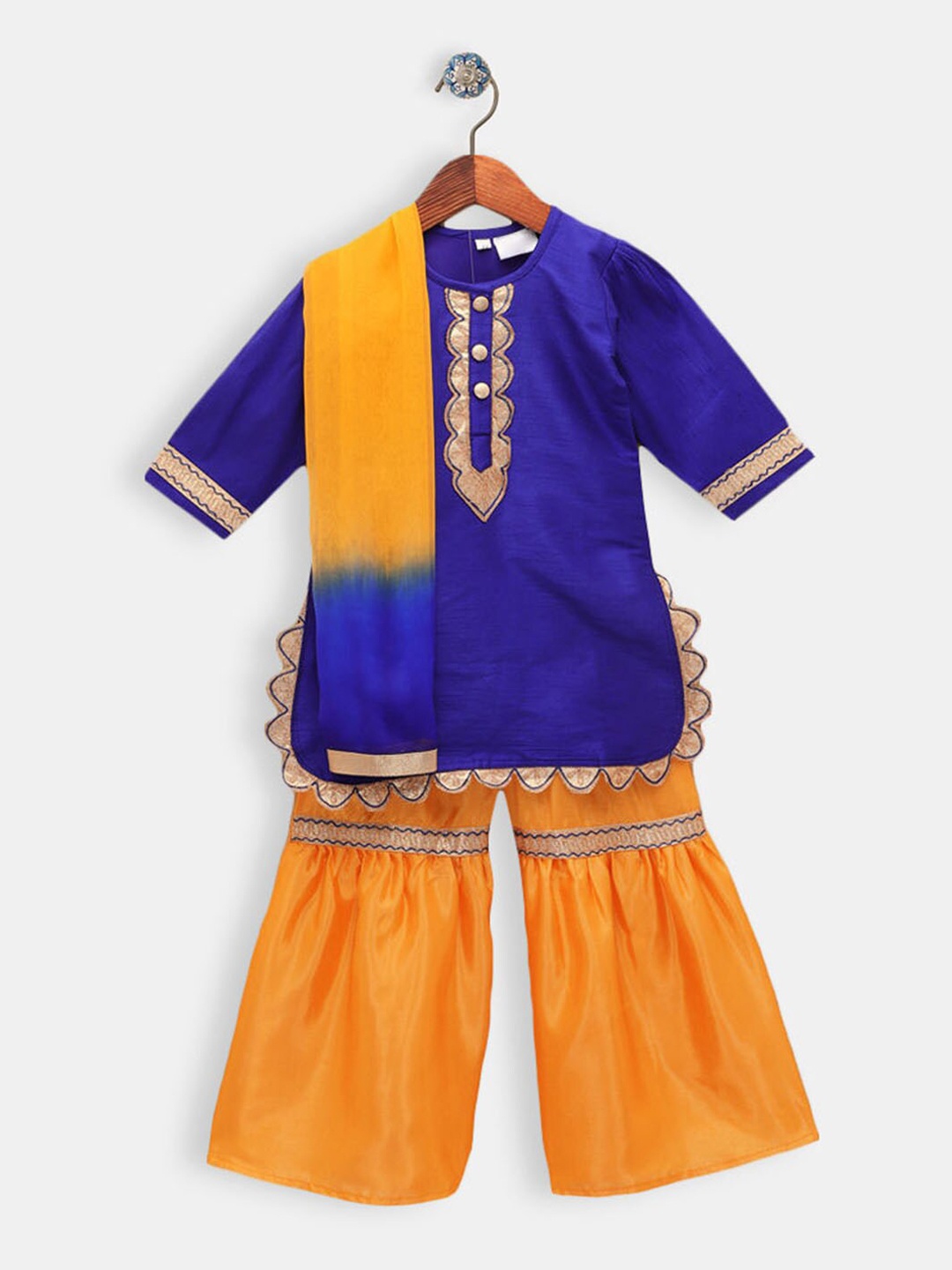 

Hopscotch Girls Blue Dupion Silk Kurta with Sharara & With Dupatta