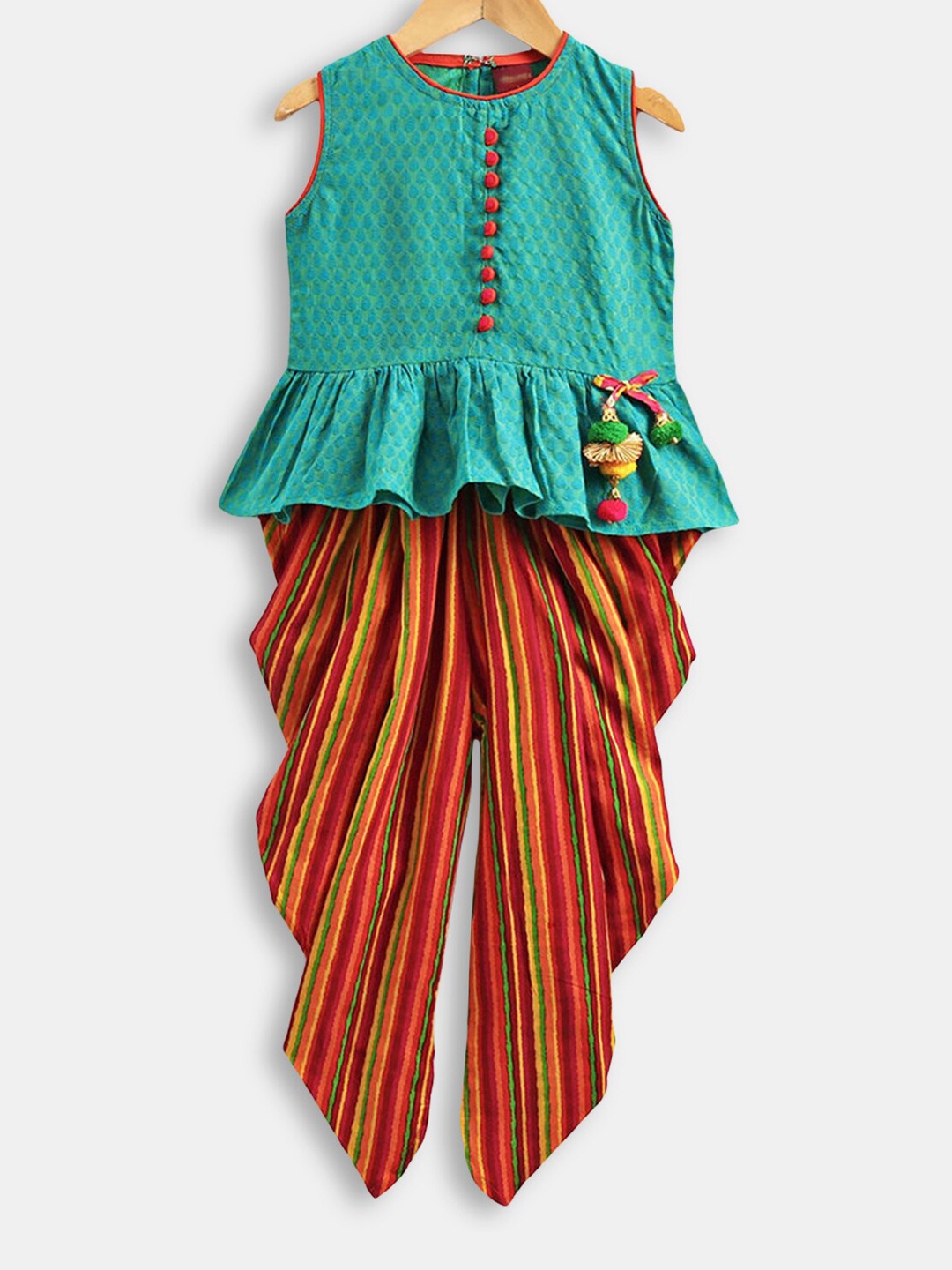 

Hopscotch Girls Green Paisley Embroidered Pure Cotton Kurti with Dhoti Pants