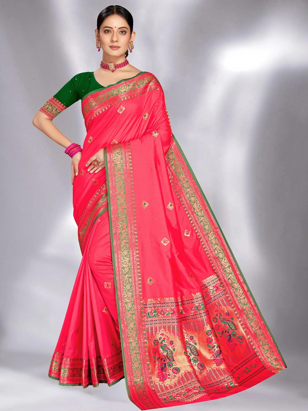 

MS RETAIL Pink & Green Woven Design Zari Paithani Saree