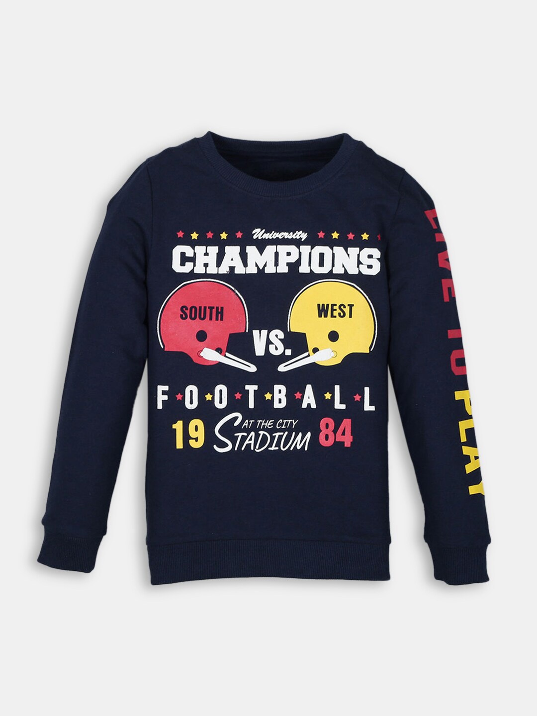 

Hopscotch Boys Navy Blue & Yellow Typography Printed Pullover