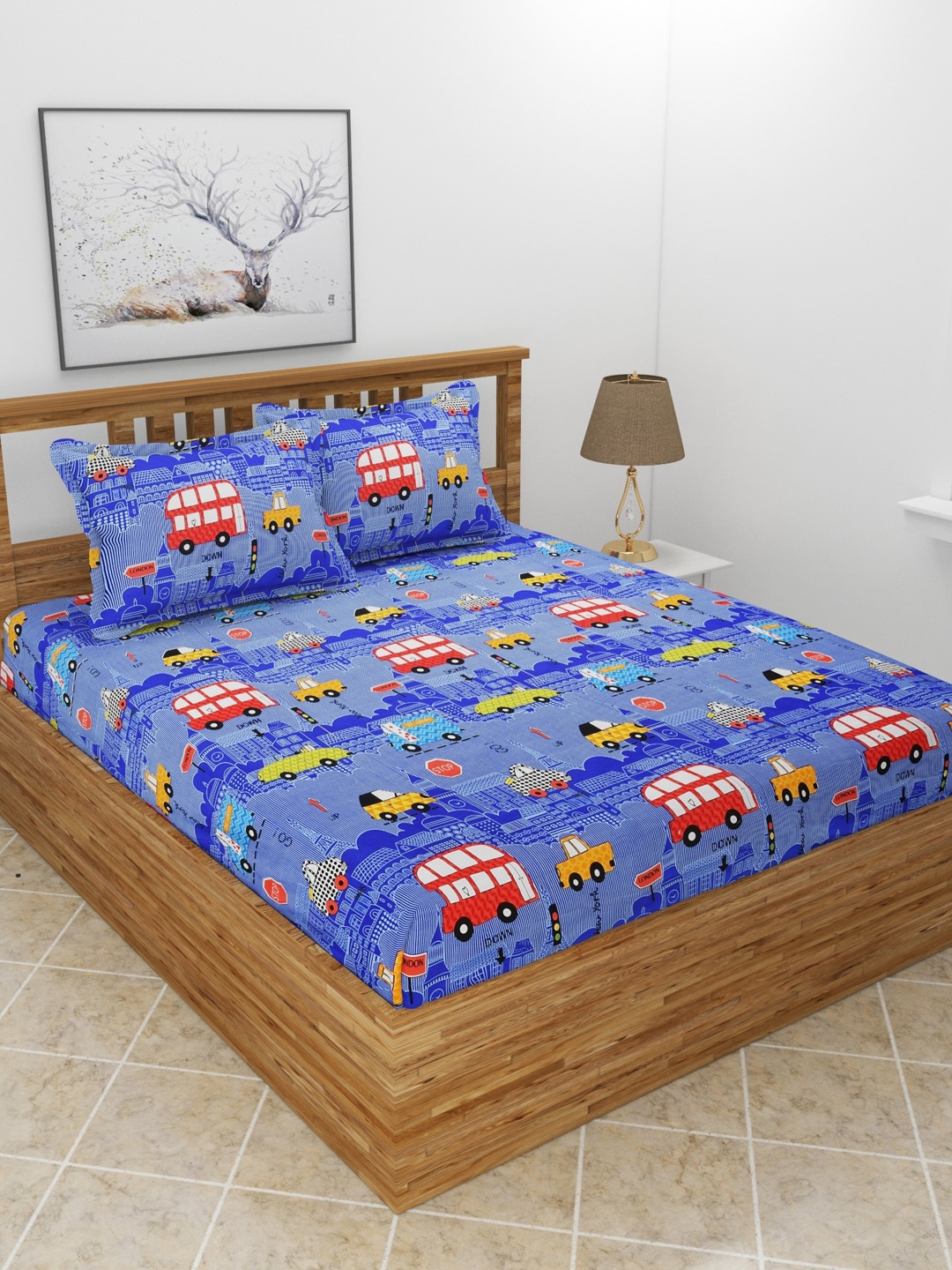 

MORADO Blue & Red Conversational 210 TC Queen Bedsheet with 2 Pillow Covers
