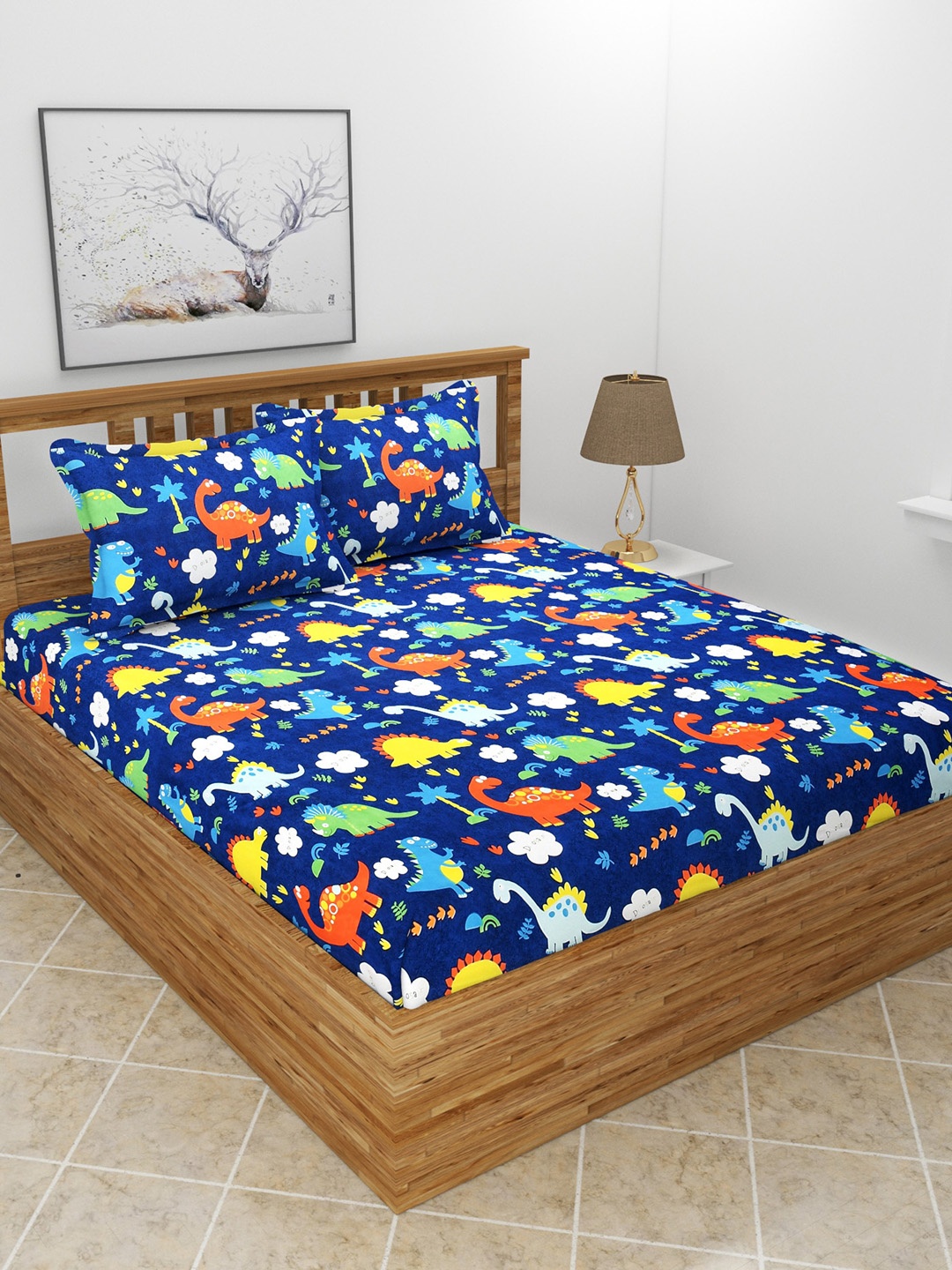 

MORADO Blue & Yellow Conversational Print 210 TC Queen Bedsheet with 2 Pillow Covers