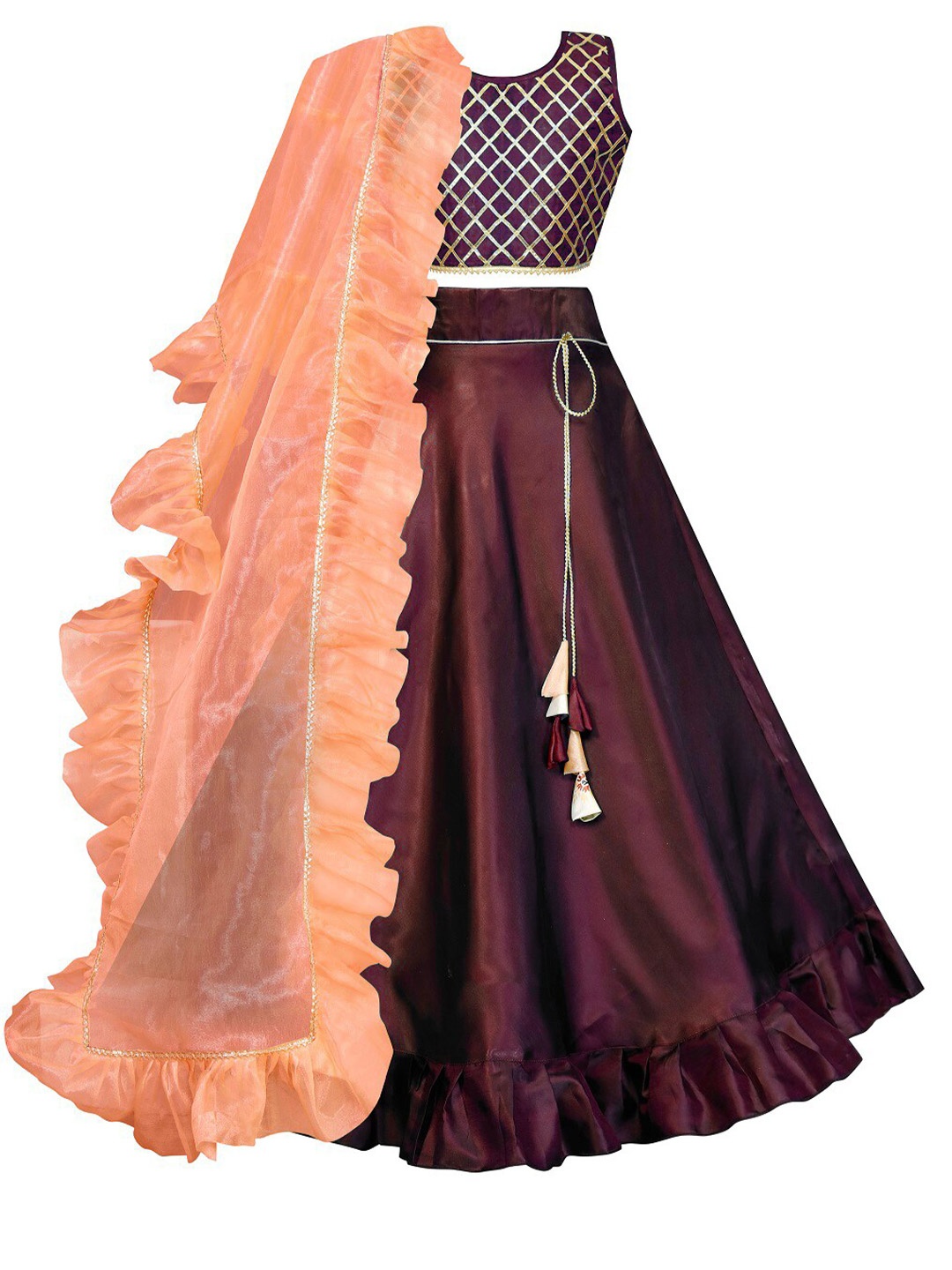 

White World Girls Maroon & Peach-Coloured Lehenga & Blouse With Dupatta