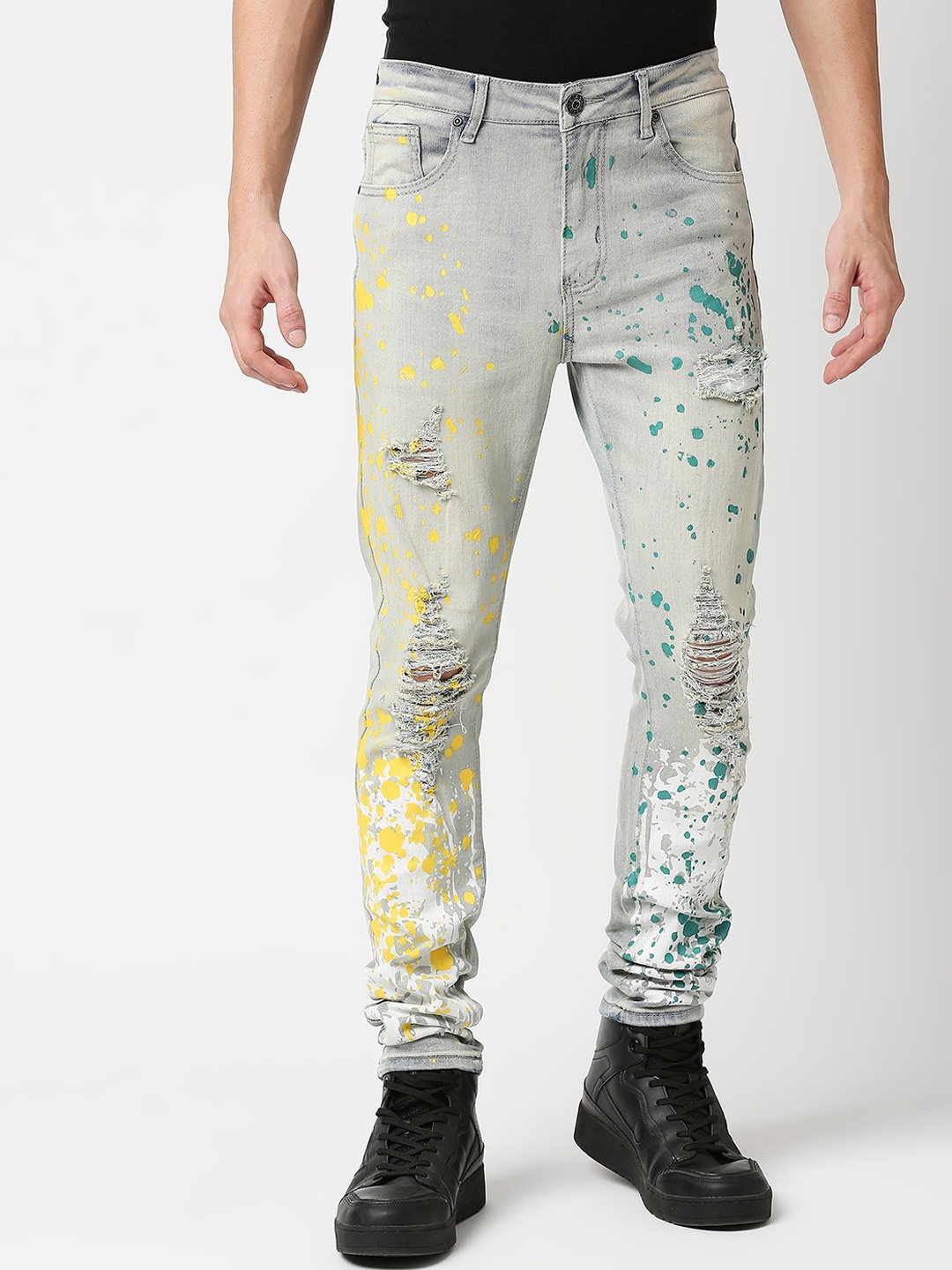 

WAIMEA Men Grey Skinny Fit Mildly Distressed Bleached Stretchable Jeans