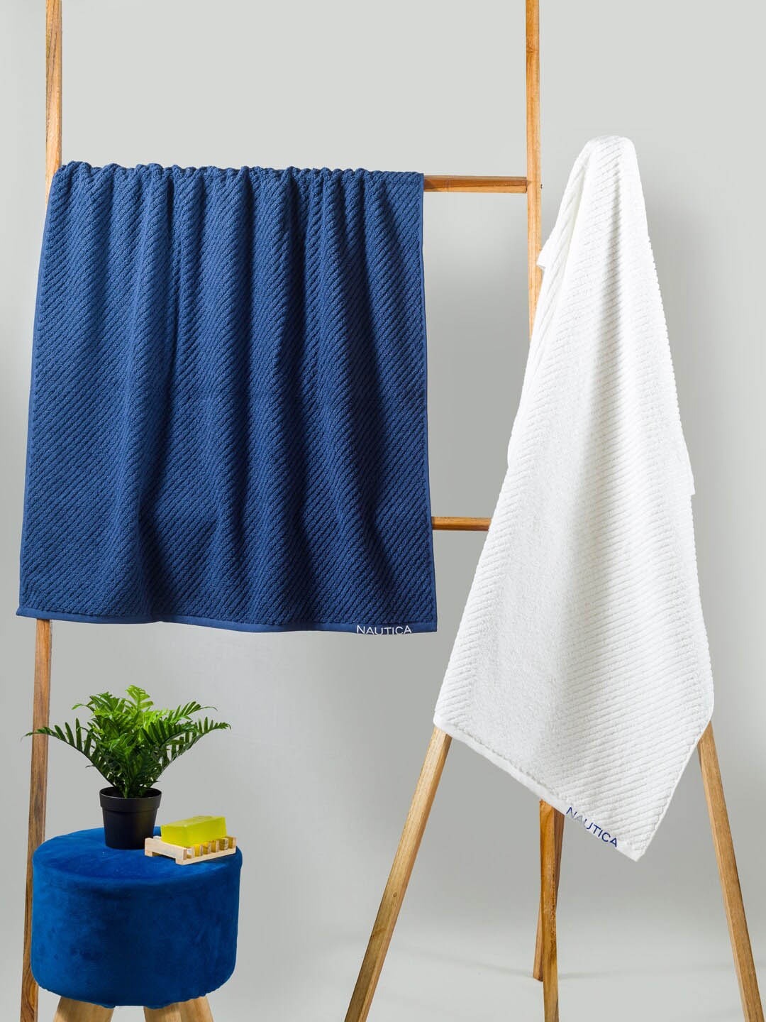 

Nautica Set Of 2 Blue & White Solid Pure Cotton 600 GSM Bath Towels, Navy blue