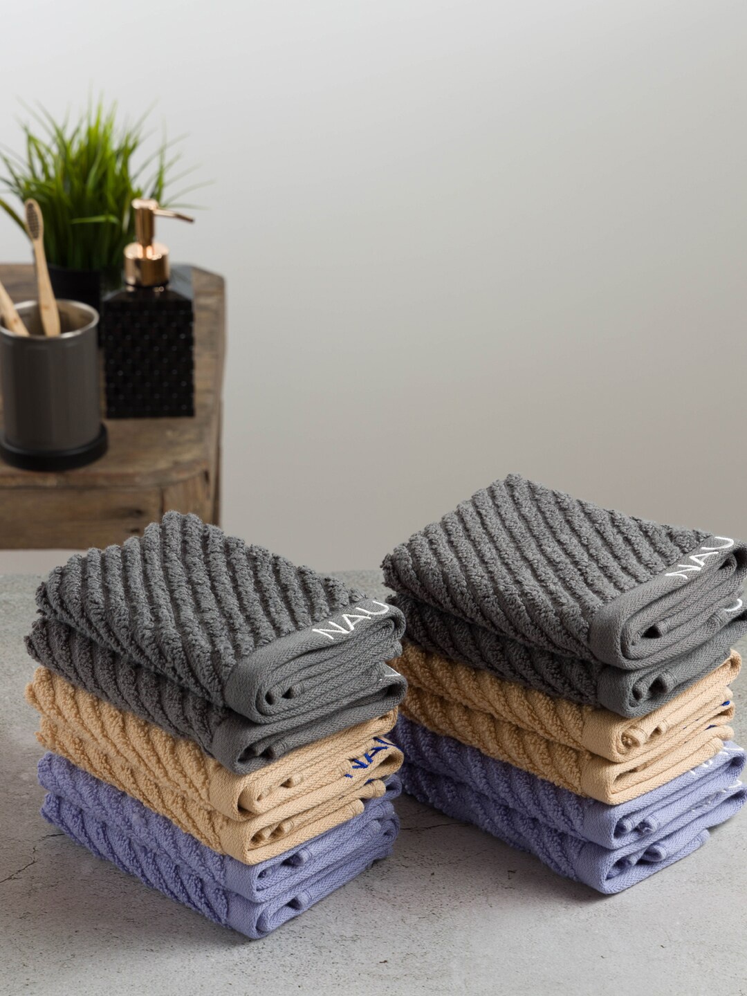 

Nautica Set Of 12 Grey & Blue Solid Pure Cotton 600 GSM Face Towels