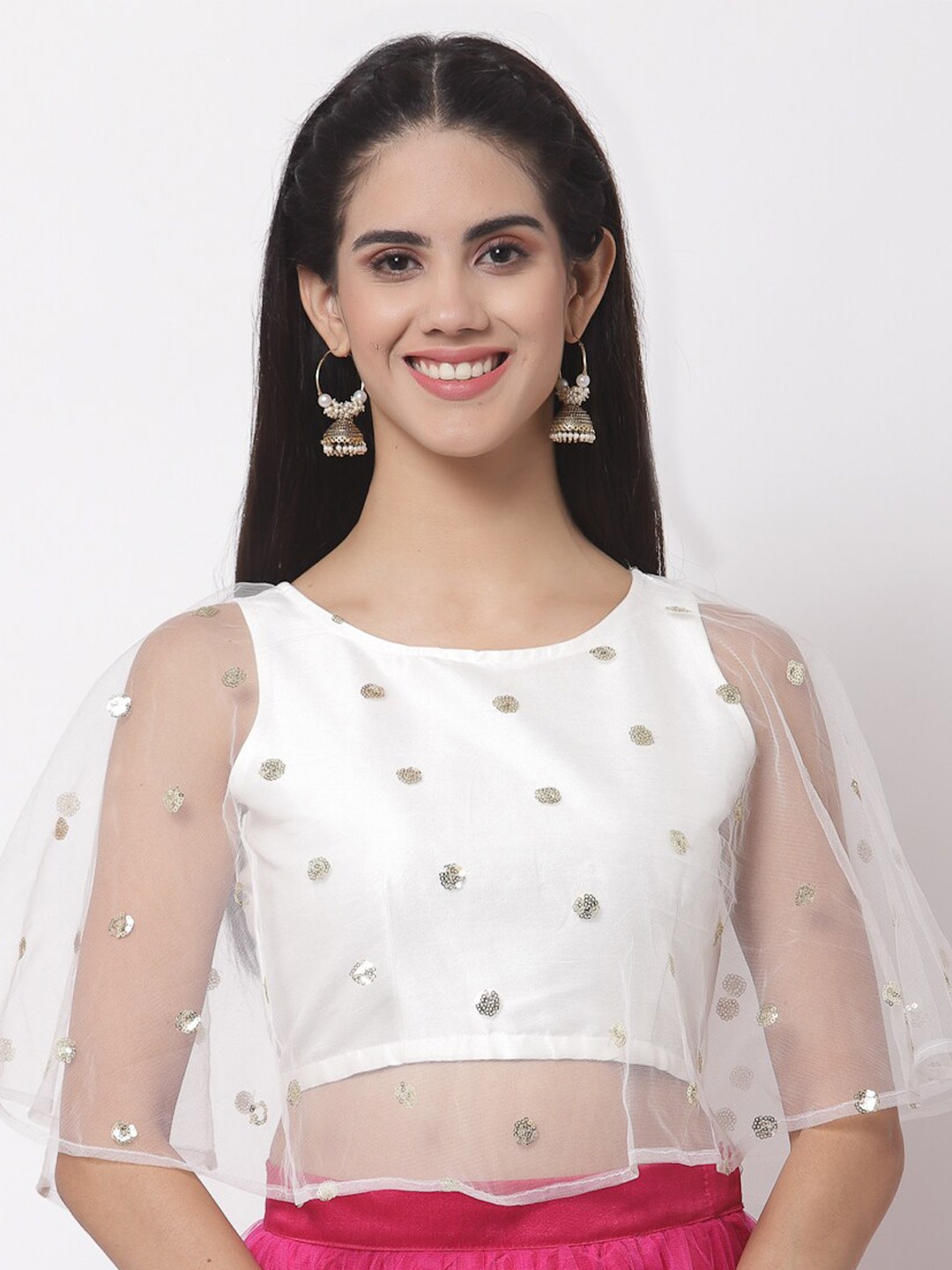 

studio rasa Off White Net Sequin Embroidered Cape Top