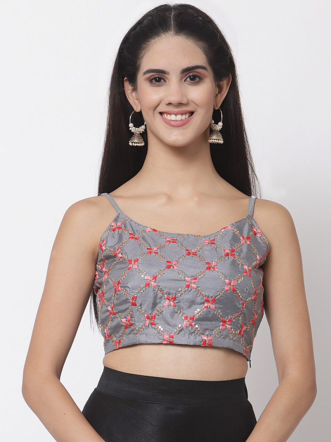 

studio rasa Grey & Pink Floral Embroidered Crop Top