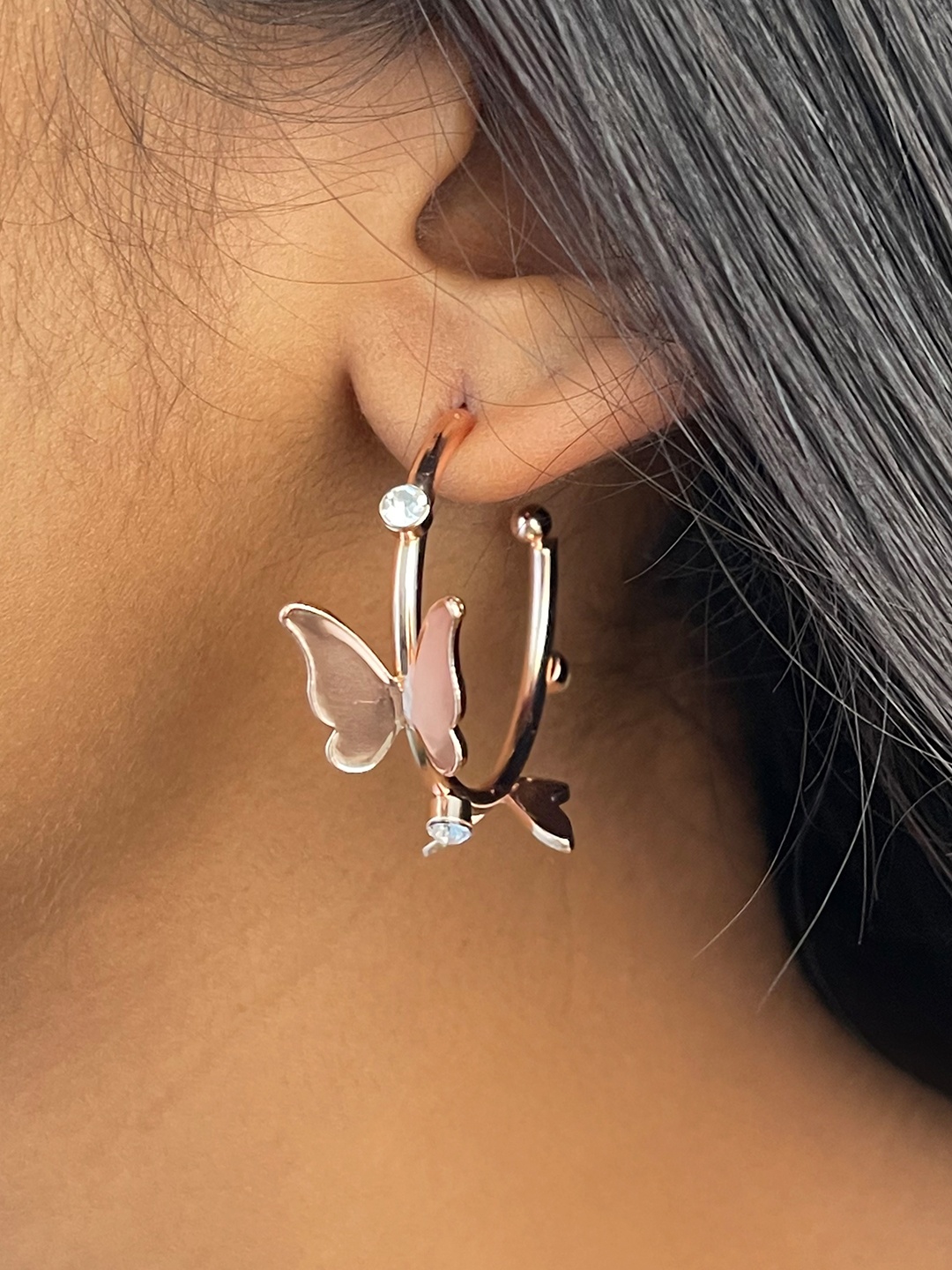 

Ayesha Rose Gold Butterfly & Crystal Hoop Earrings