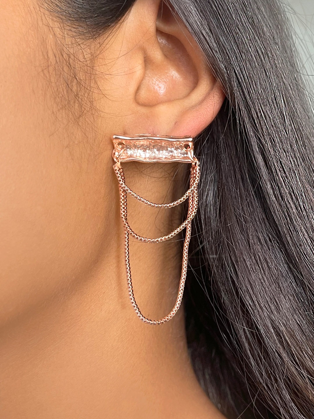 

Ayesha Rose Gold-Plated Oversized Textured Bar & Tassel Drop Earrings