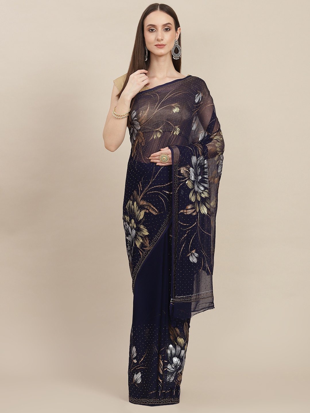 

ZARI Blue Floral Print Stones Embedded Pure Chiffon Saree