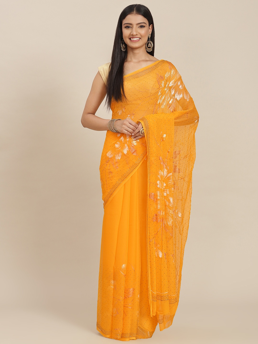 

ZARI Yellow Floral Pure Chiffon Saree