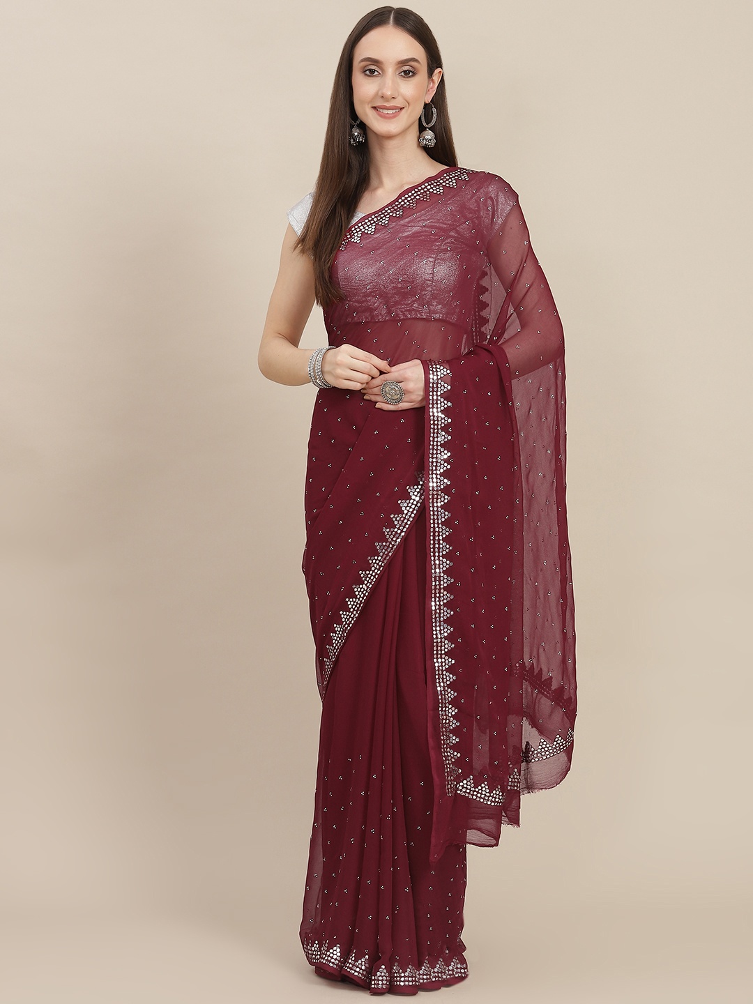 

ZARI Maroon Embellished Mirror Work Pure Chiffon Saree