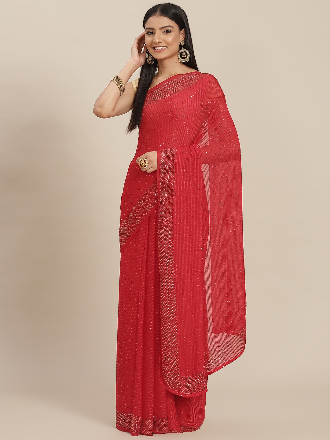 

ZARI Red Embellished Sequinned Pure Chiffon Saree
