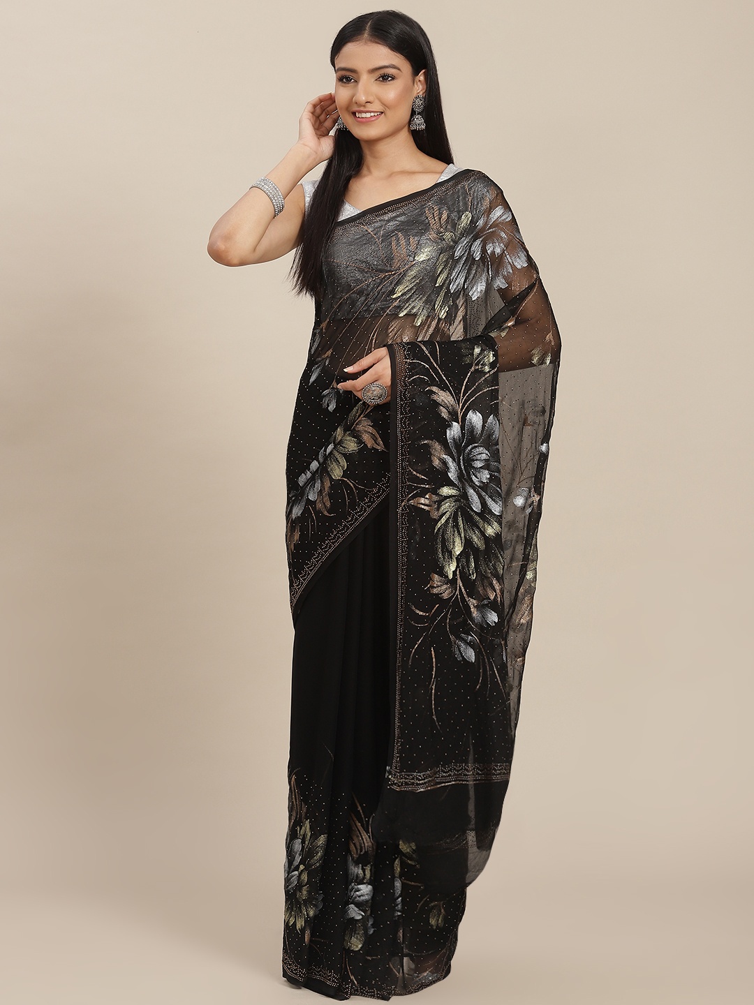 

ZARI Black Floral Sequinned Pure Chiffon Saree