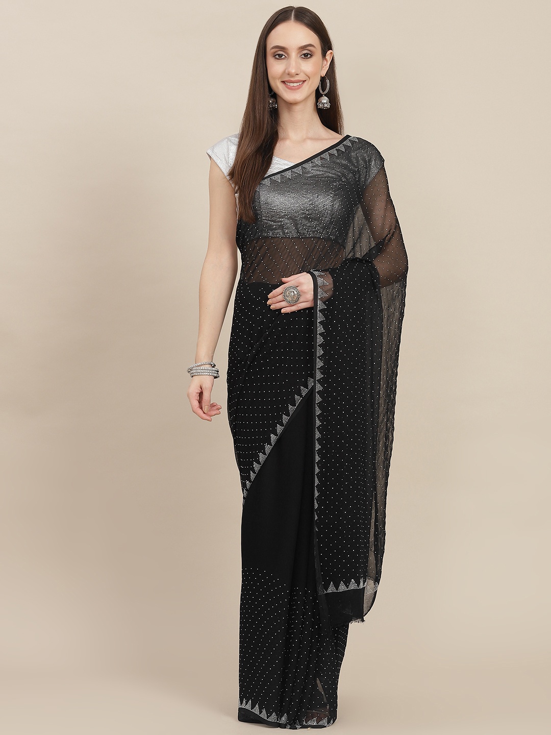 ZARI Black Stones Embedded Pure Chiffon Saree
