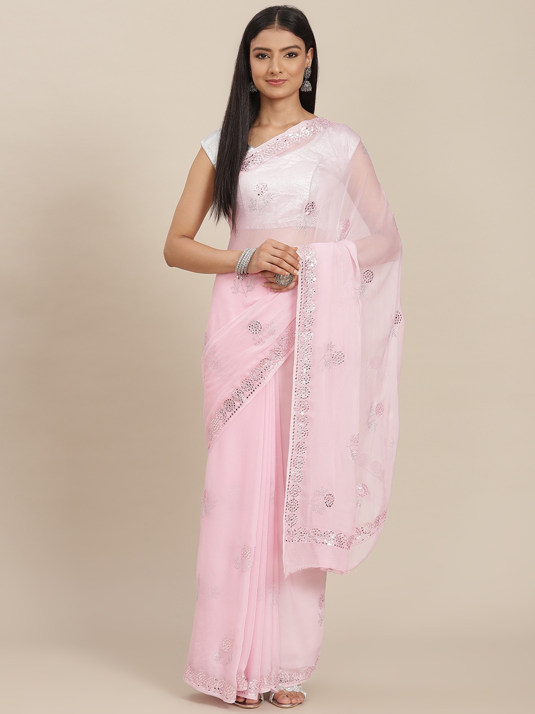 

ZARI Pink Floral Sequinned Pure Chiffon Saree