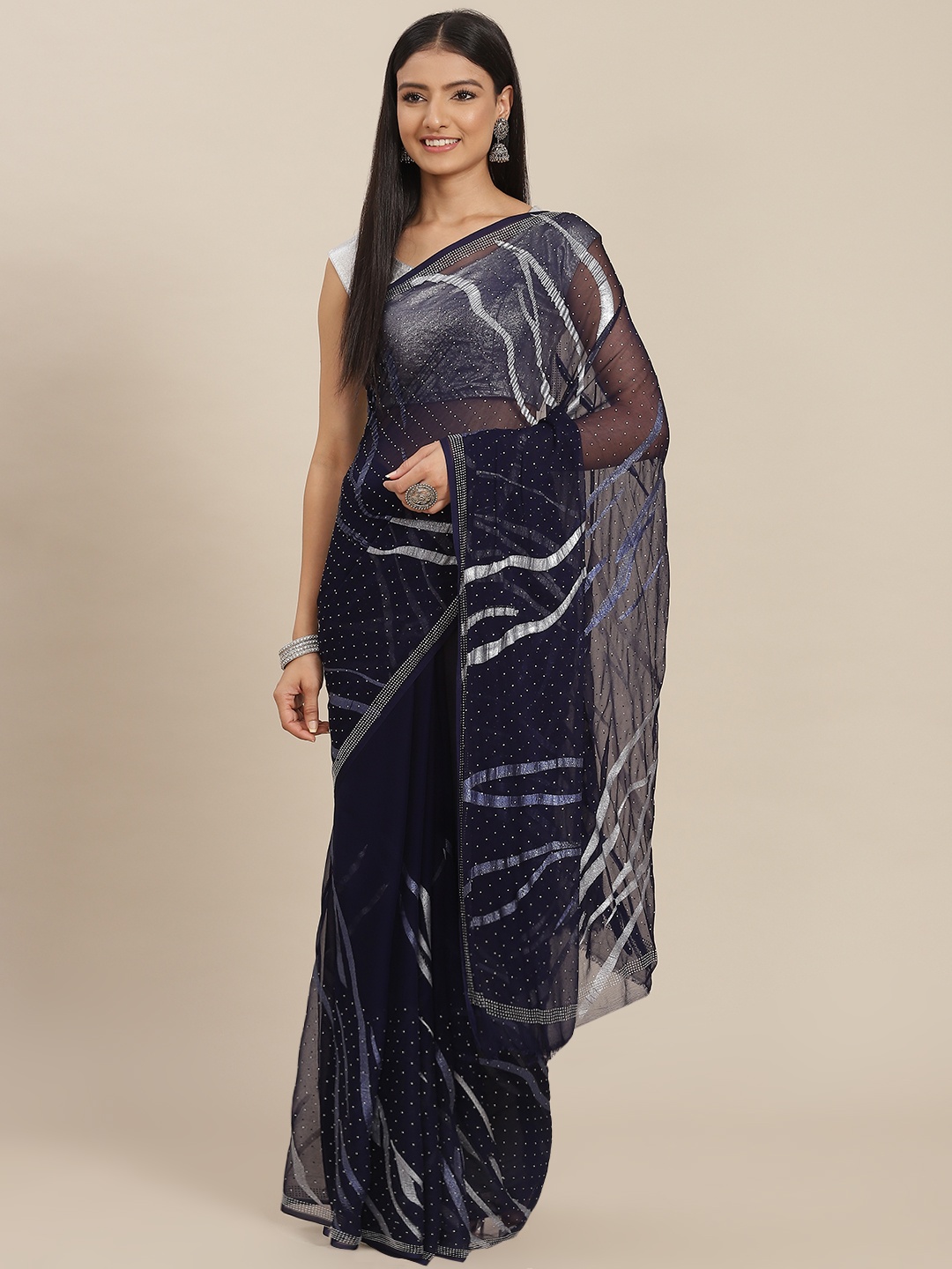 

ZARI Navy Blue Embellished Sequinned Pure Chiffon Saree