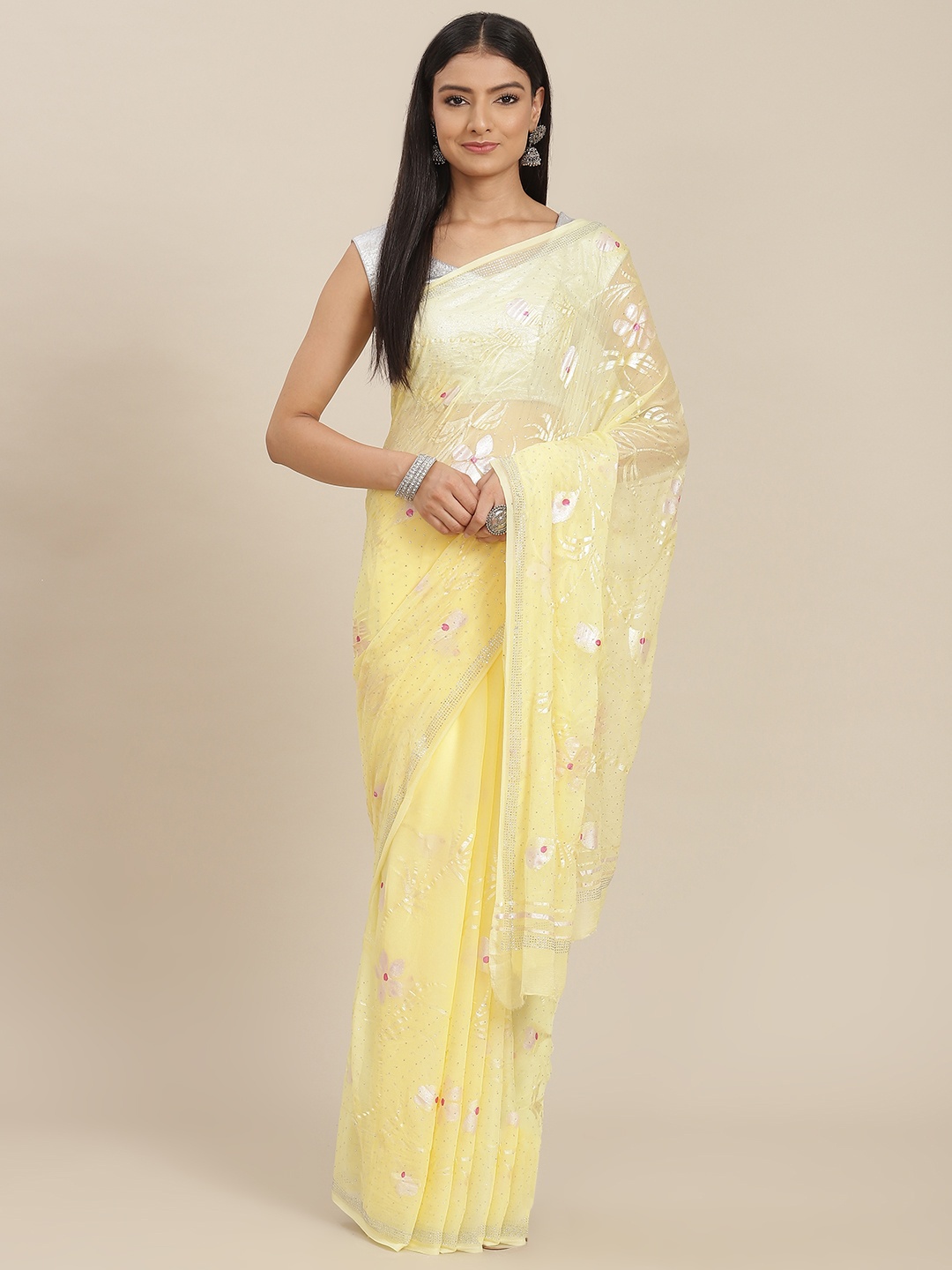 

ZARI Yellow Floral Sequinned Pure Chiffon Saree