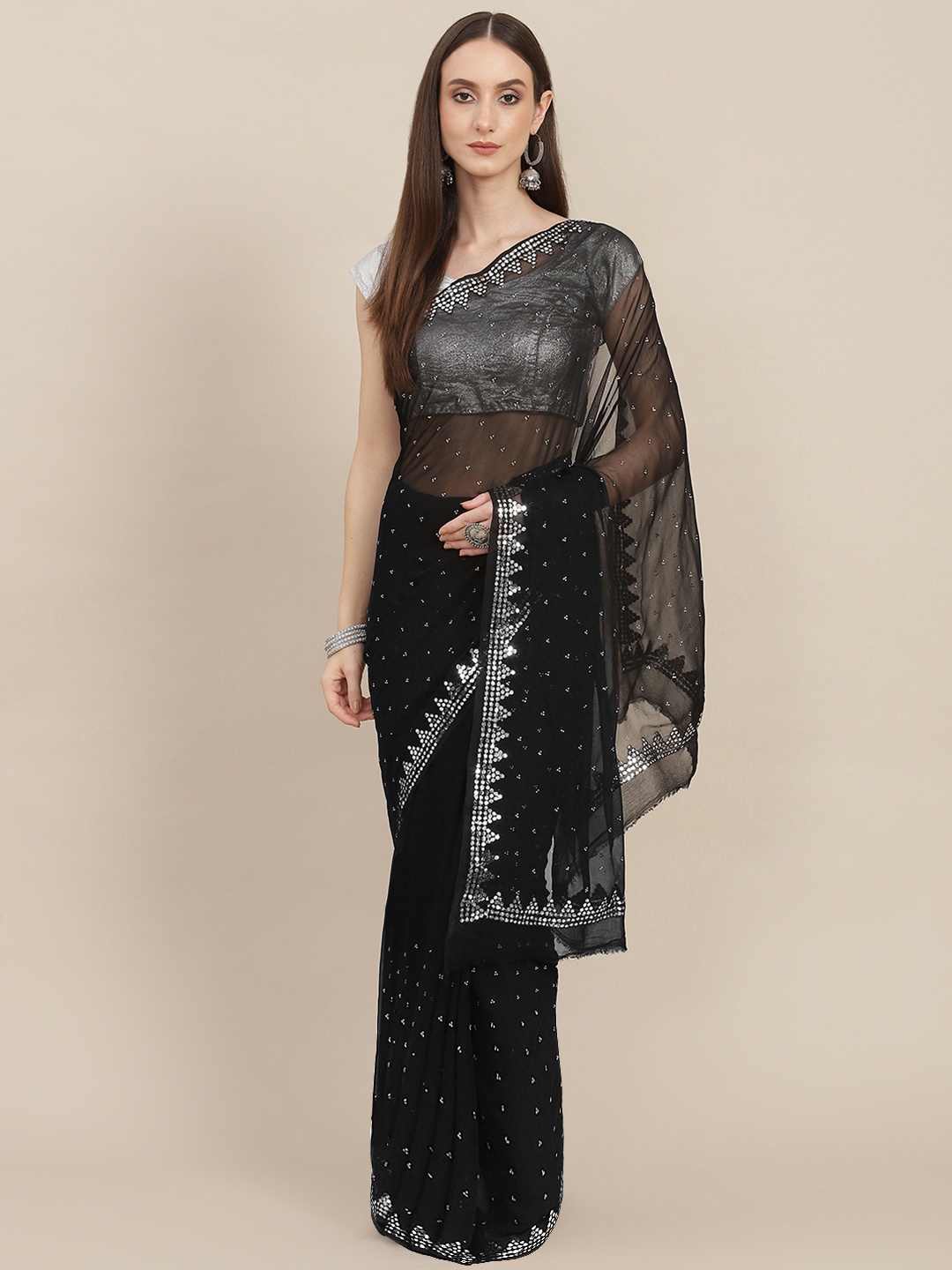 

ZARI Black Embellished Mirror Work Pure Chiffon Saree