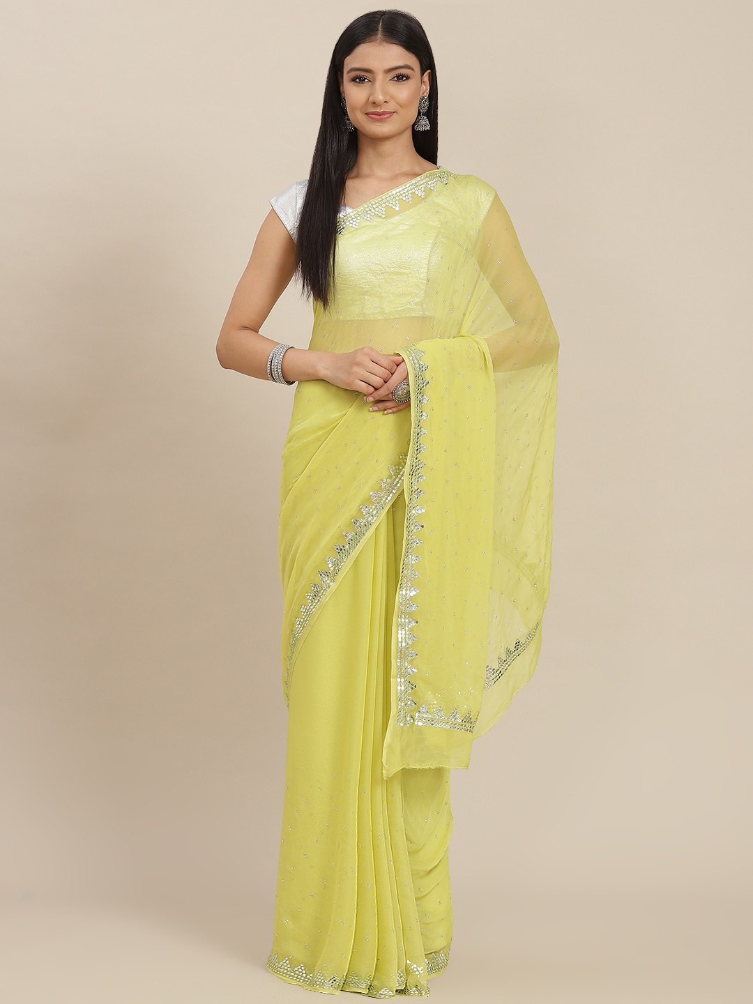 

ZARI Lime Green Embellished Sequinned Pure Chiffon Saree