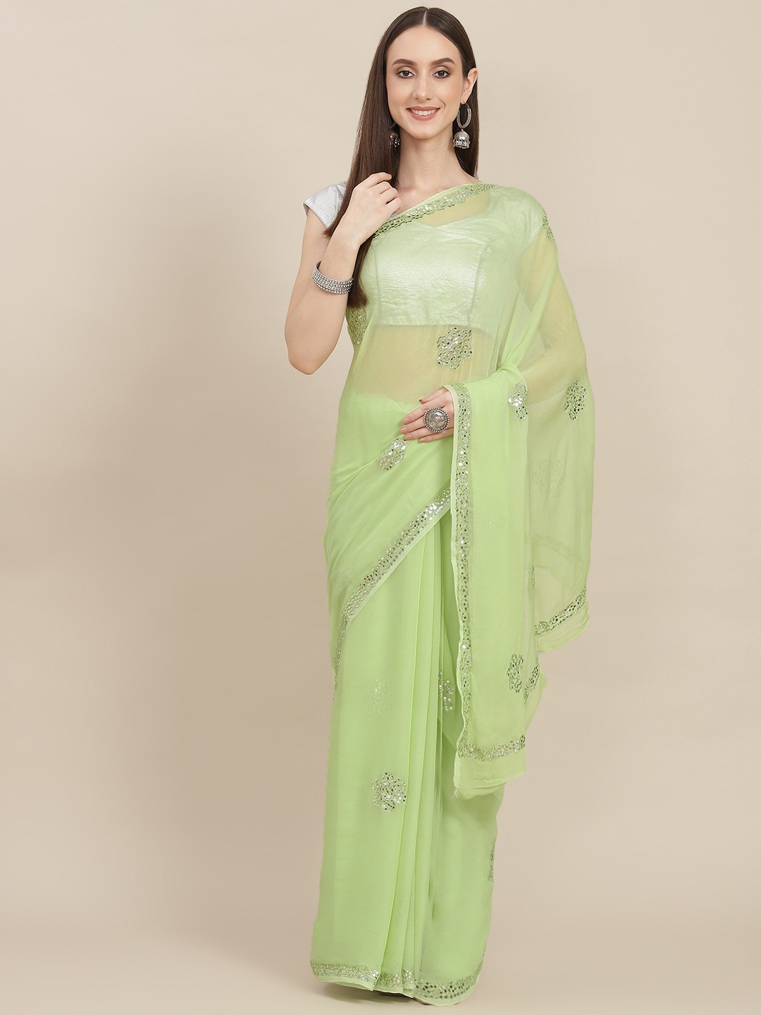 

ZARI Green Embellished Mirror Work Pure Chiffon Saree