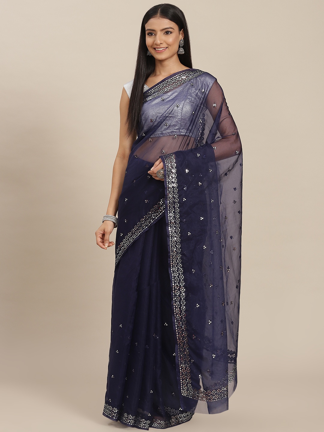 

ZARI Navy Blue Embellished Sequinned Organza Saree