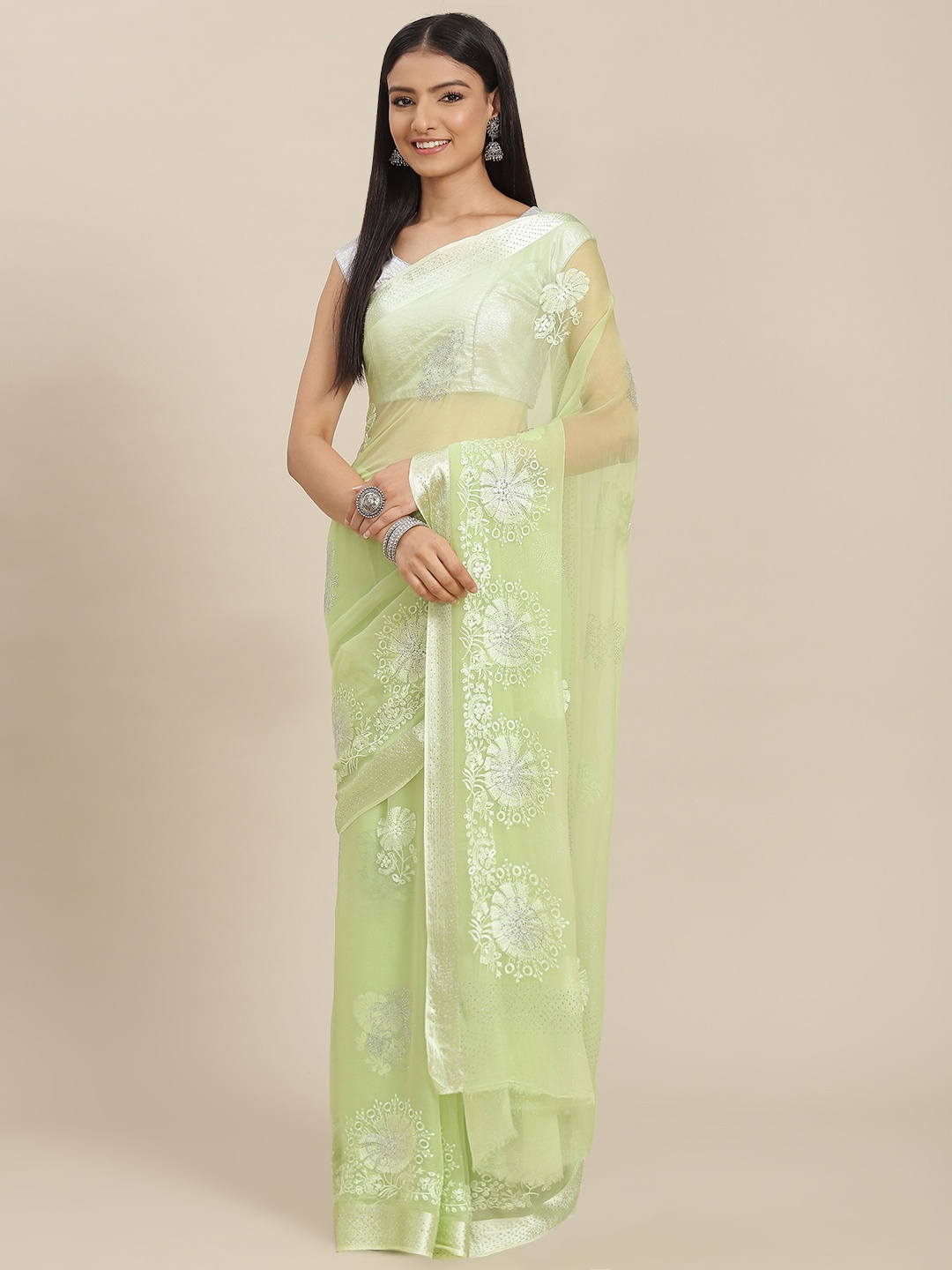 

ZARI Green Floral Sequinned Pure Chiffon Saree