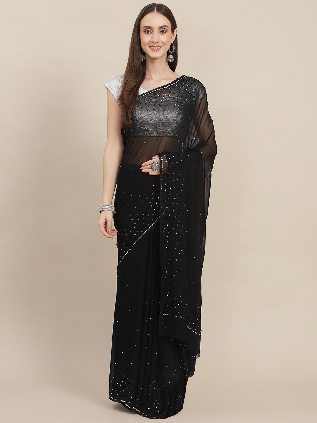 ZARI Black Embellished Mirror Work Pure Chiffon Saree